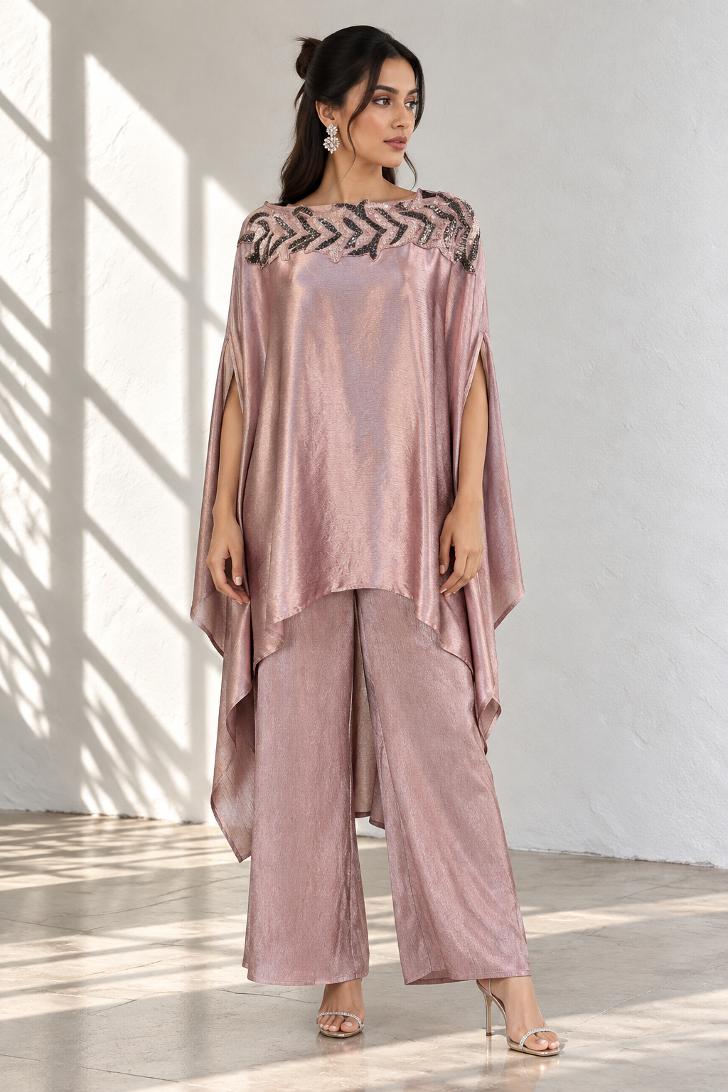 Dusty Rose Embellished Shimmer Silk Co-ord Set