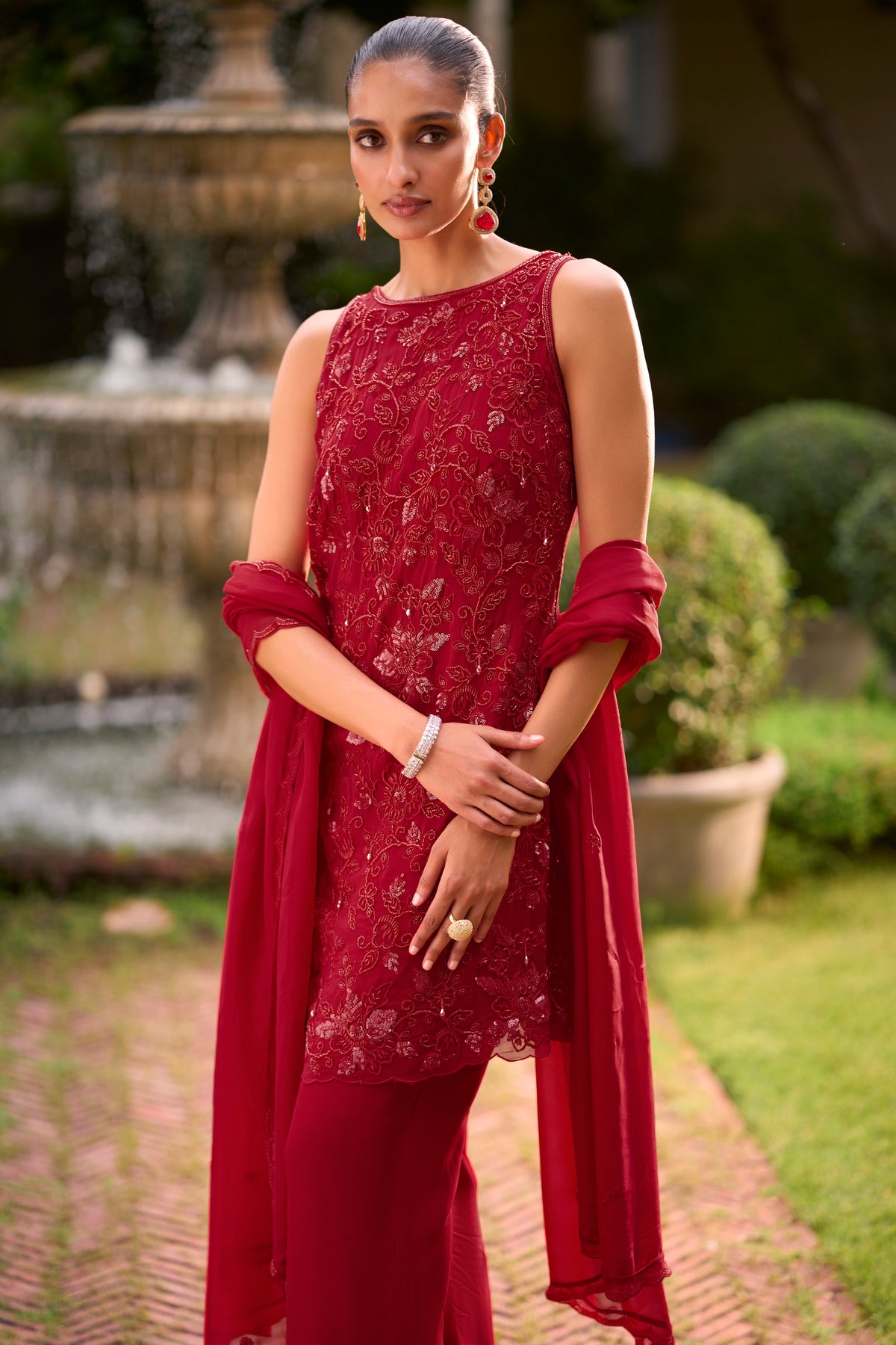 Crimson Red Embellished Georgette Silk Palazzo Set