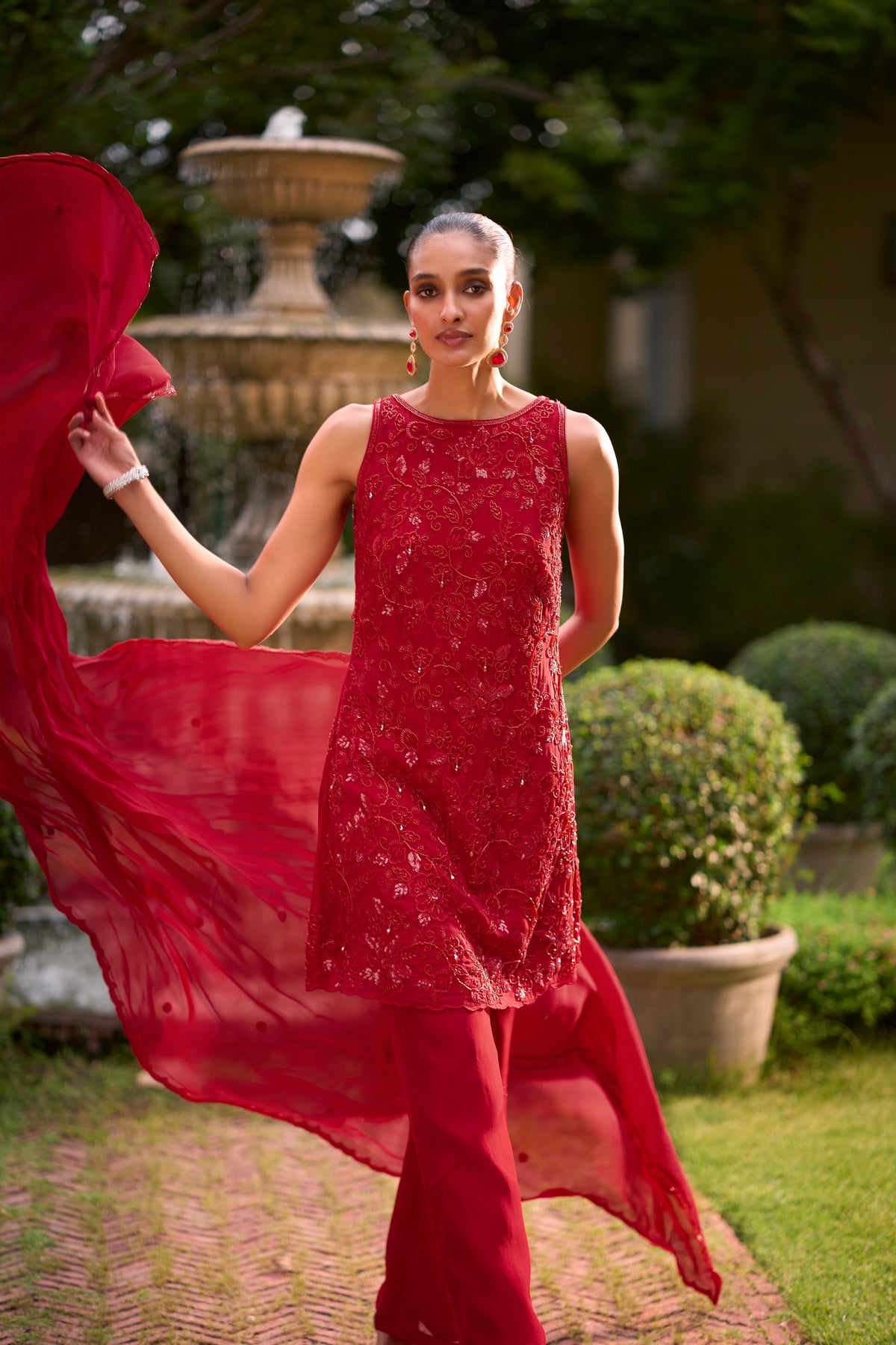 Crimson Red Embellished Georgette Silk Palazzo Set