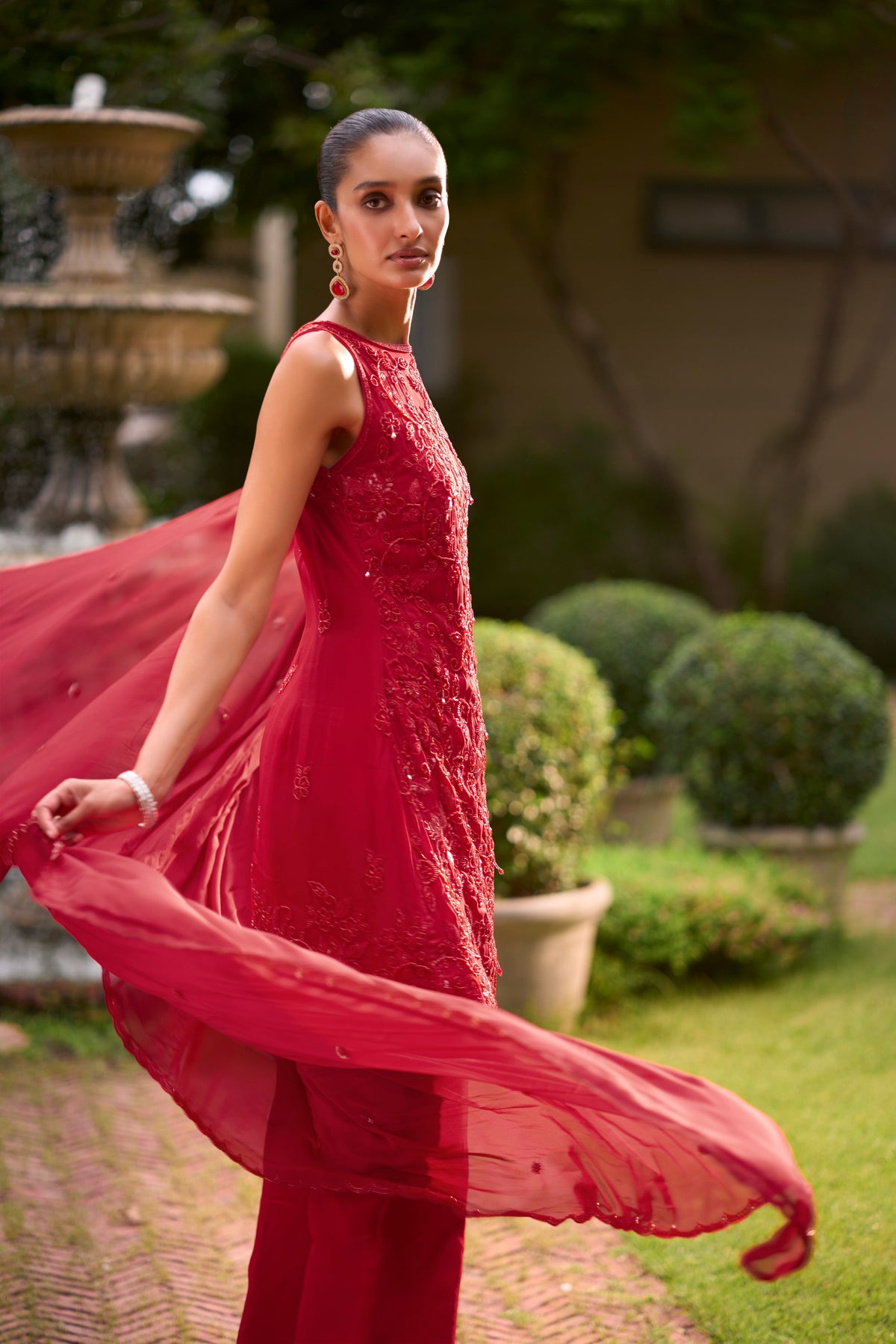 Crimson Red Embellished Georgette Silk Palazzo Set