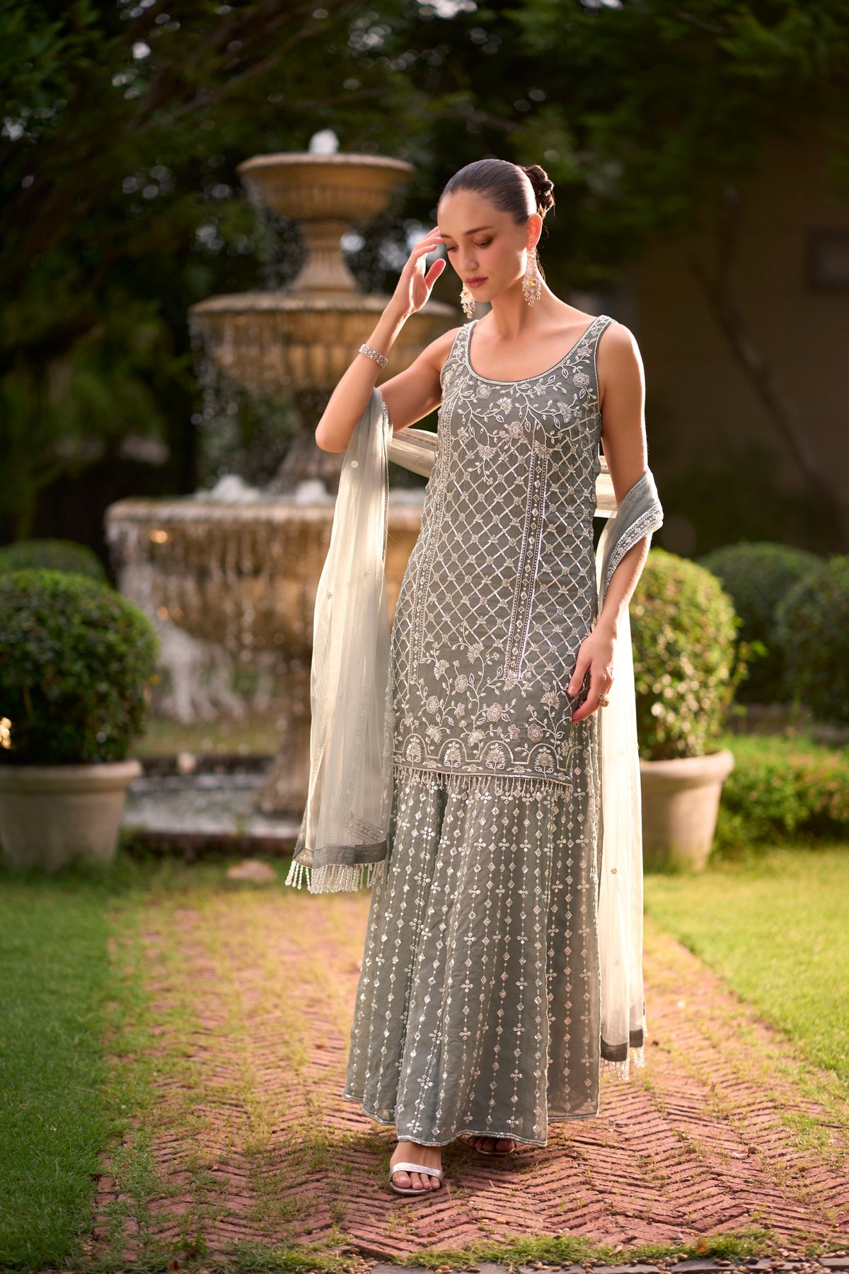 Slate Grey Embellished Georgette Silk Palazzo Set
