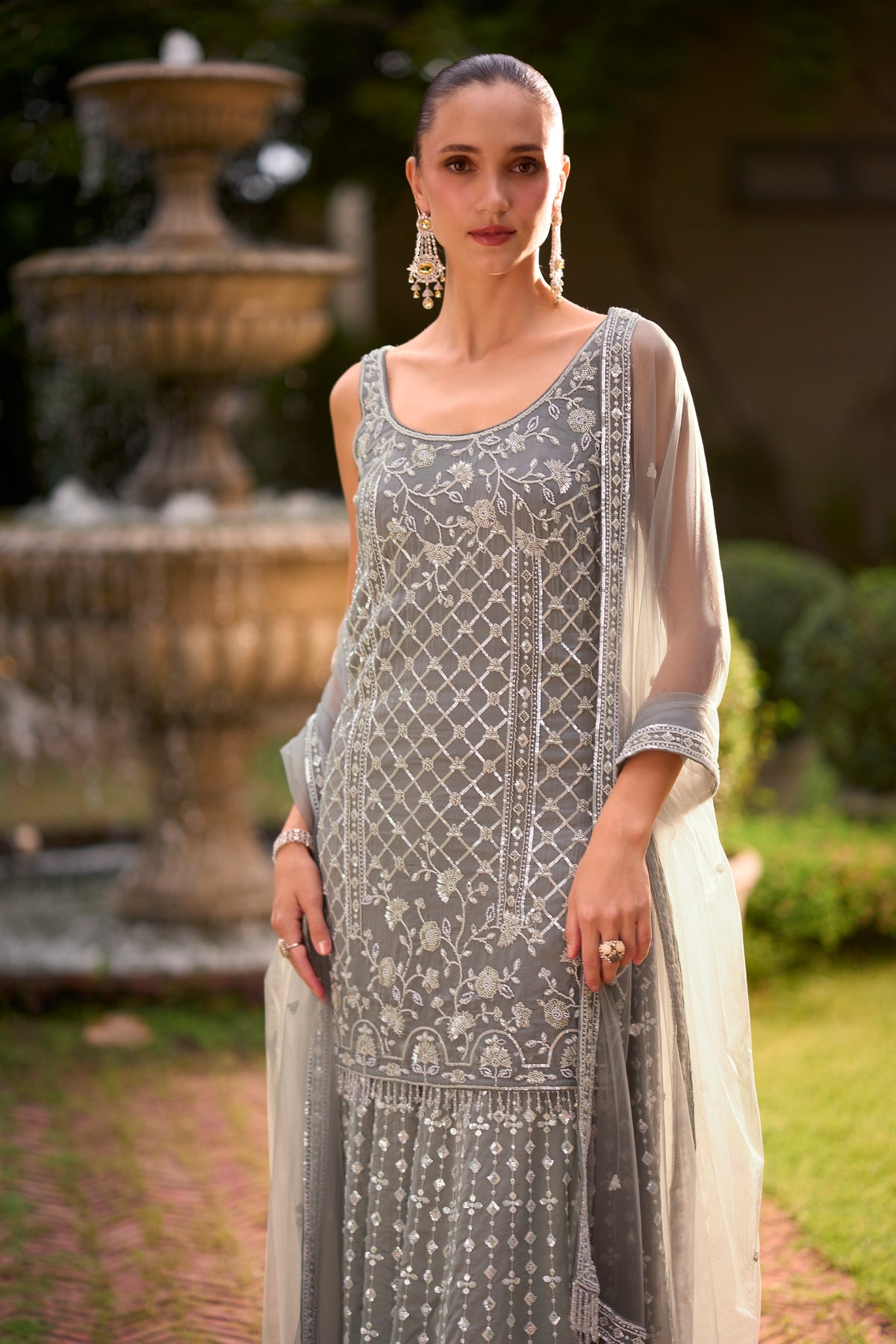 Slate Grey Embellished Georgette Silk Palazzo Set
