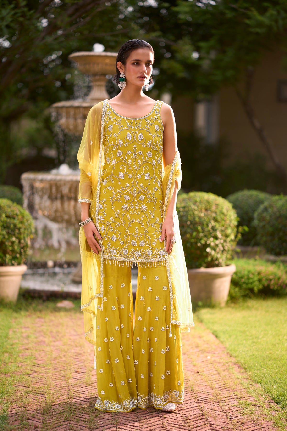 Citrus Yellow Embellished Georgette Silk Palazzo Set