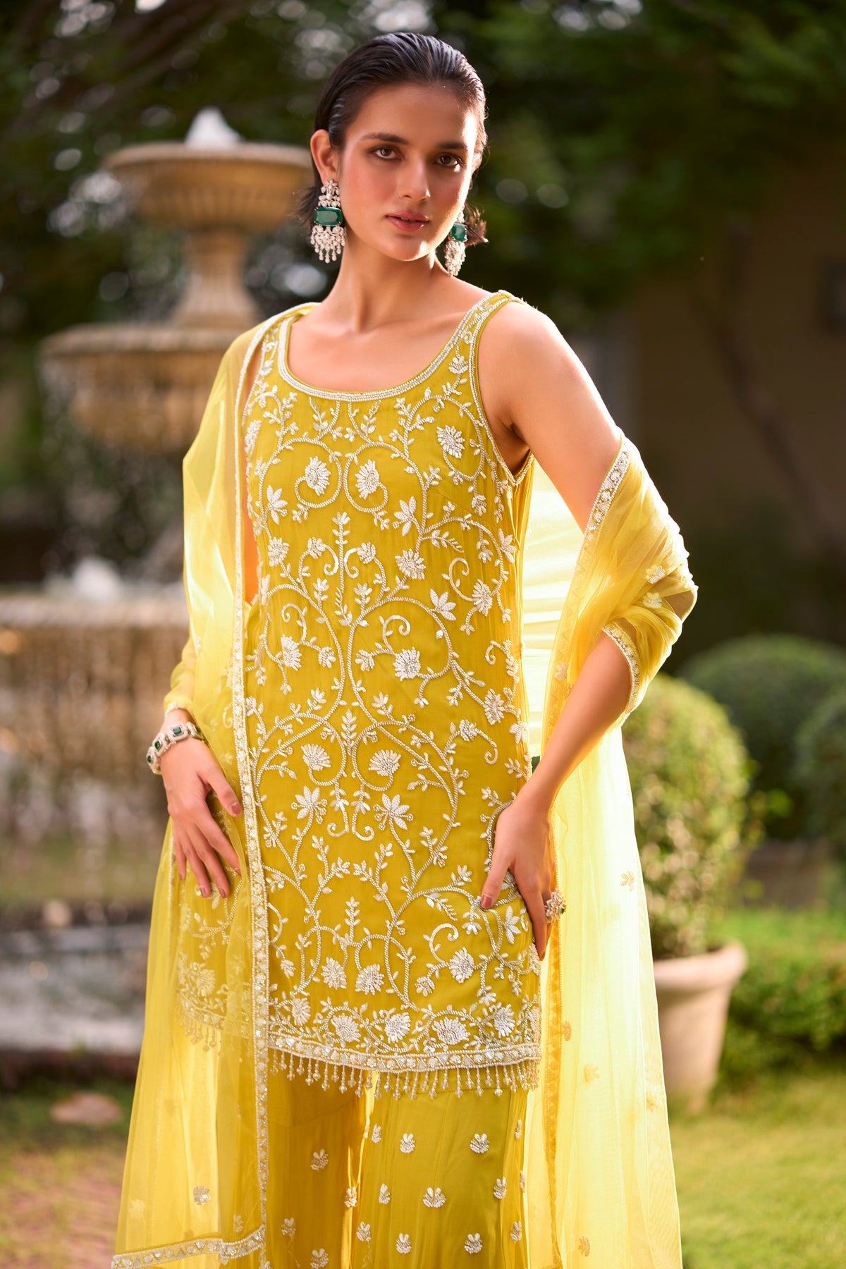 Citrus Yellow Embellished Georgette Silk Palazzo Set