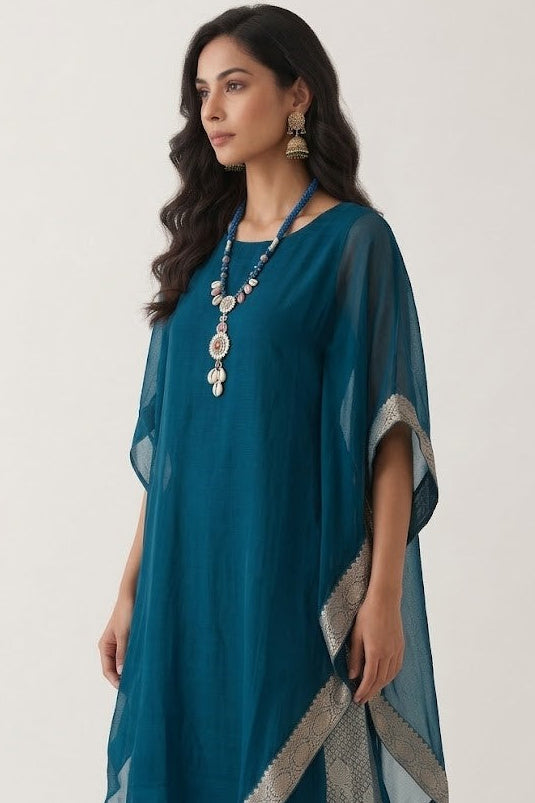 Peacock Teal Blue Embellished Khadi linen Kaftan Set