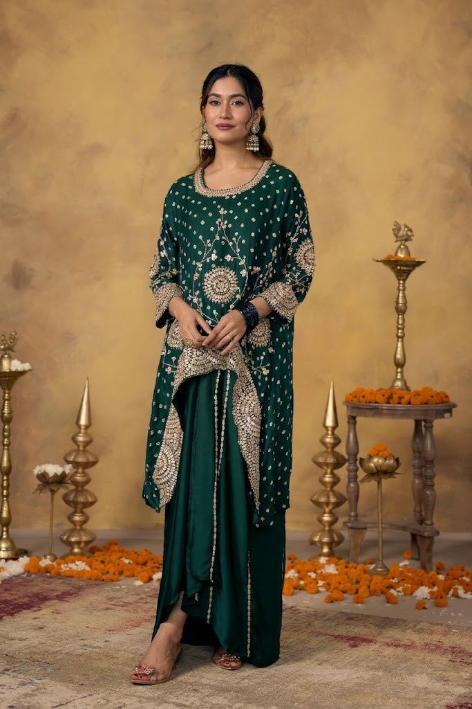 Bottle Green Embellished Satin Silk Skirt Set