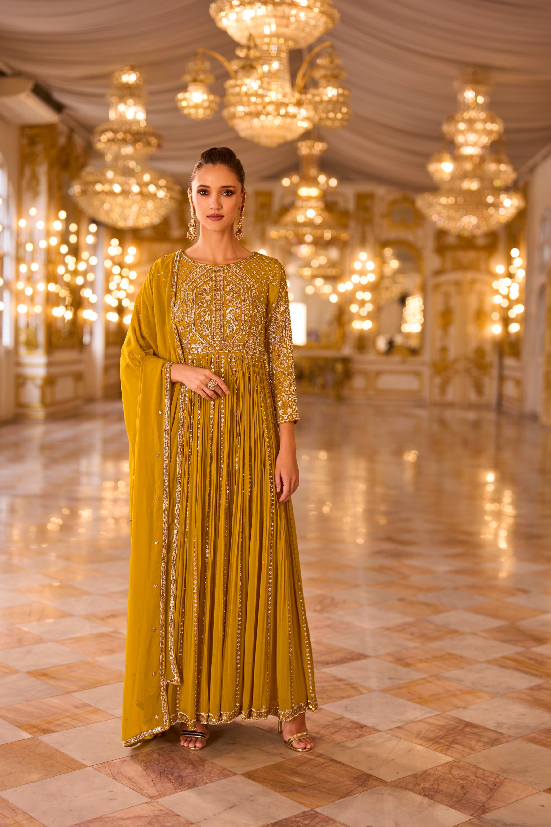 Mustard Gold Embellished Georgette Silk Anarkali Set