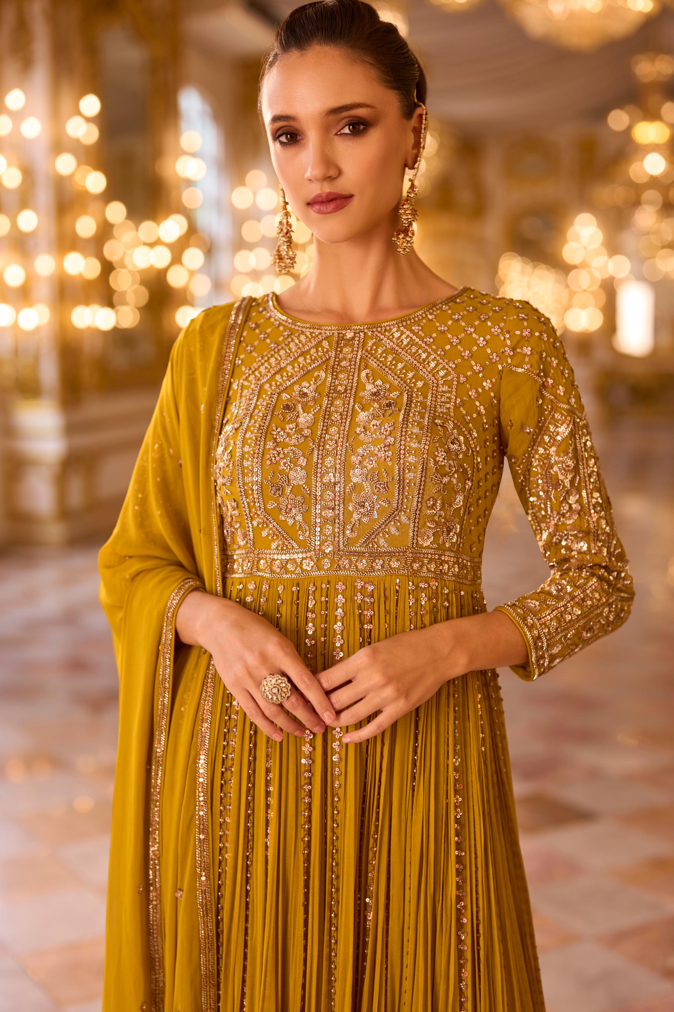 Mustard Gold Embellished Georgette Silk Anarkali Set