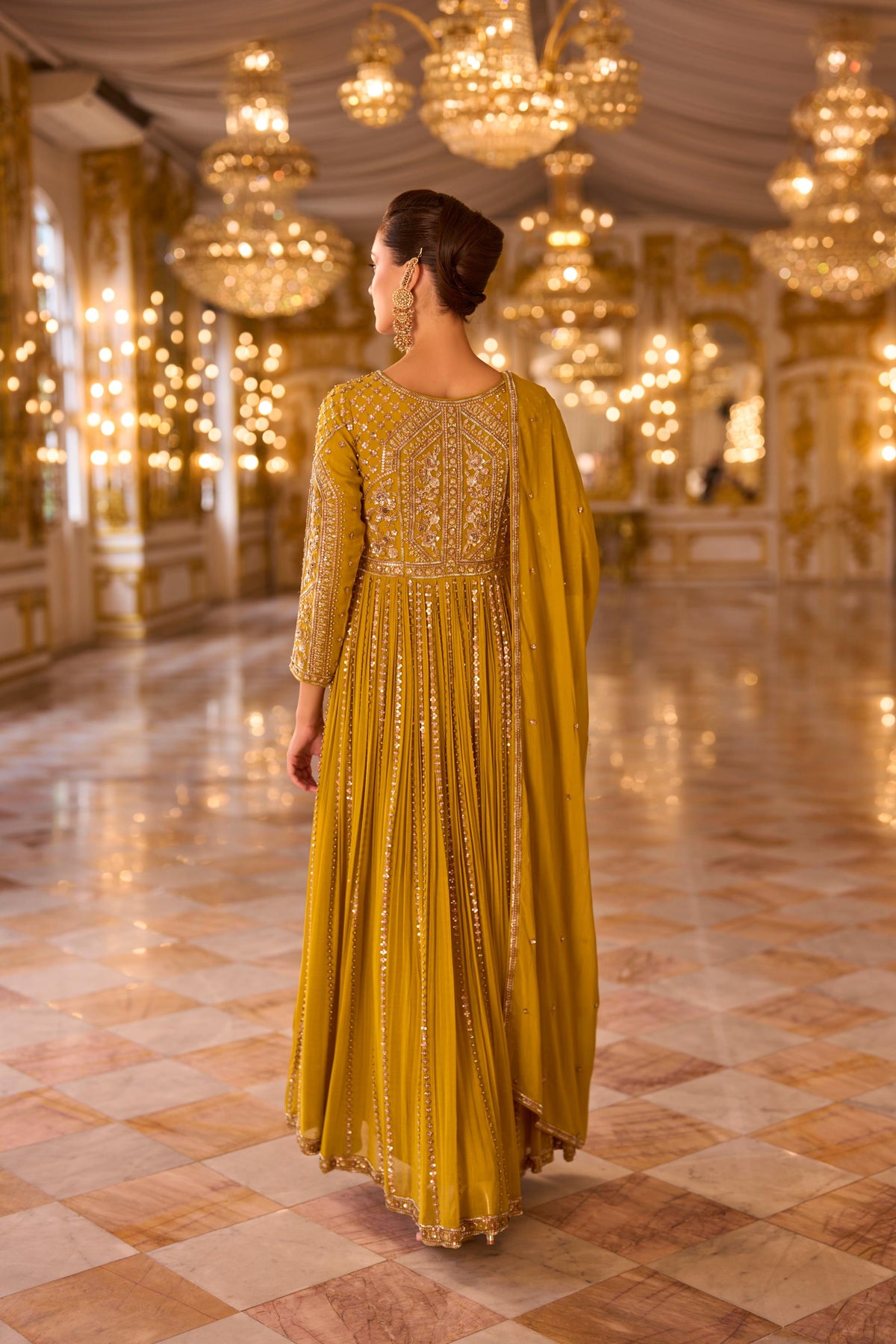 Mustard Gold Embellished Georgette Silk Anarkali Set