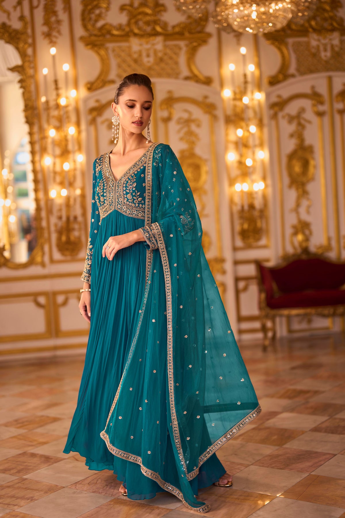 Ocean Blue Embellished Georgette Silk Anarkali Set