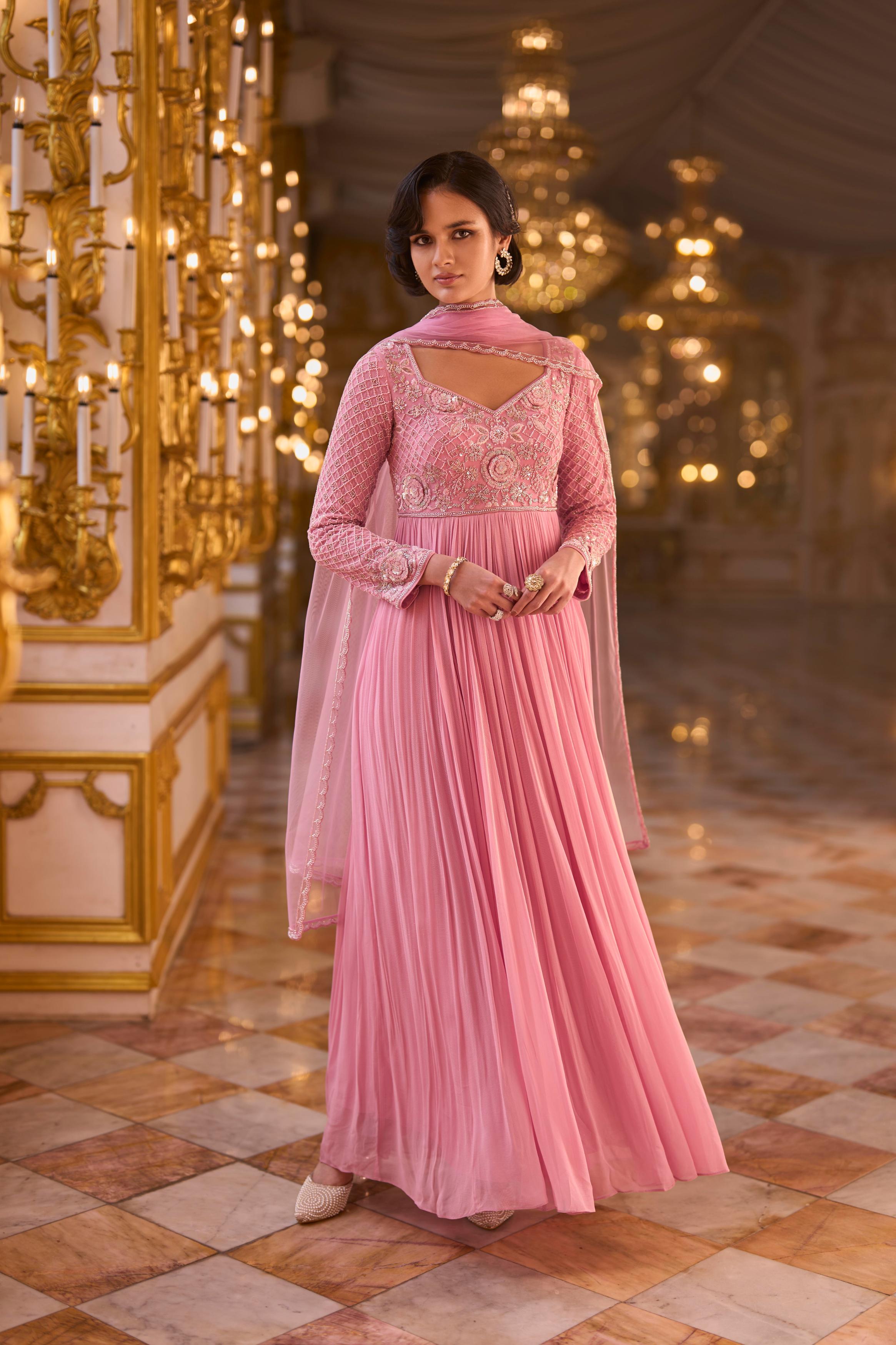 Rose Pink Embellished Georgette Silk Anarkali Set