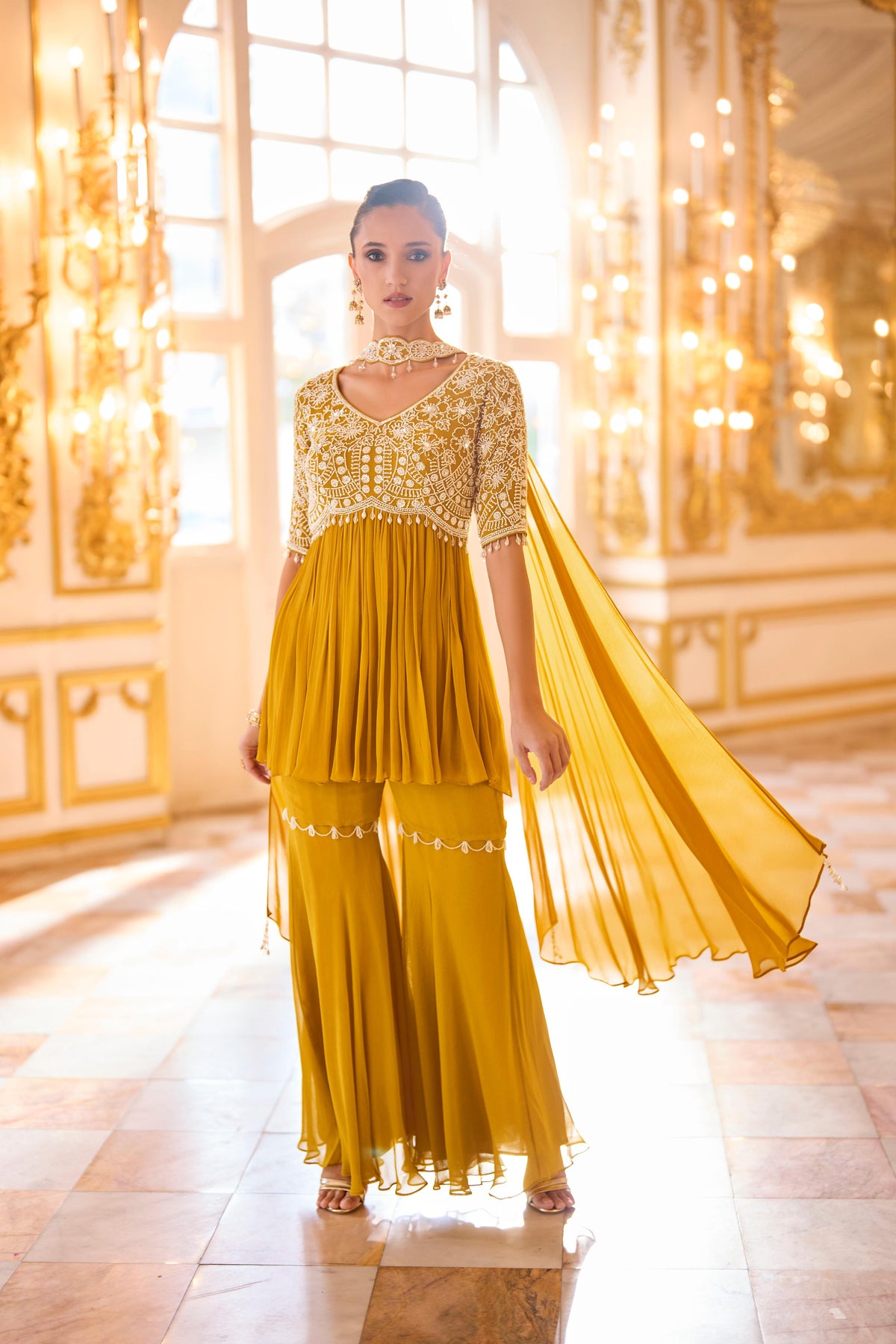 Sunshine Yellow Embellished Chinon Silk Sharara Set