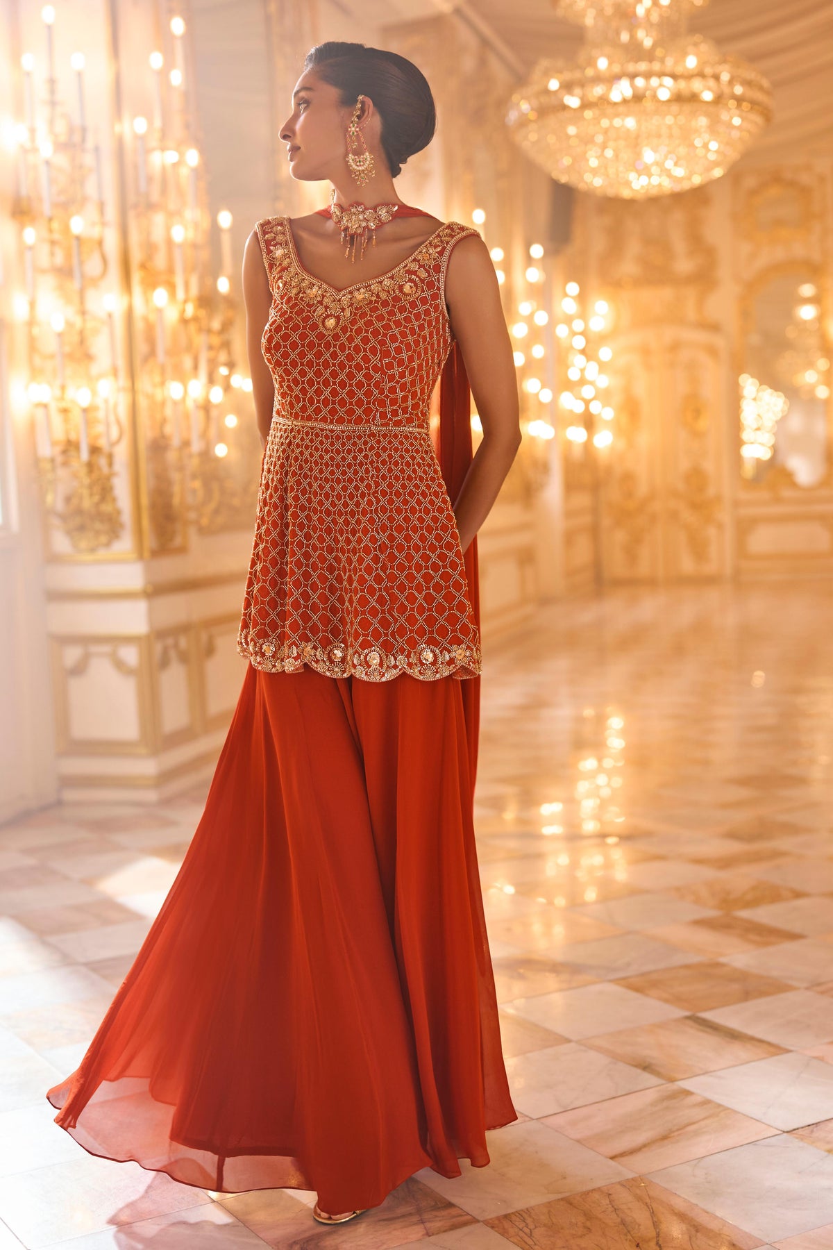 Terracotta Coral Embellished Georgette Silk Palazzo Set