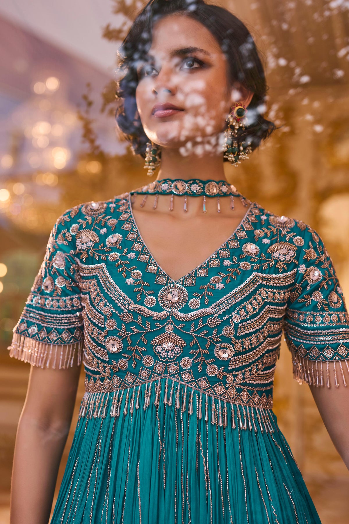 Cyan Peacock Blue Embellished Chinon Silk Palazzo Set