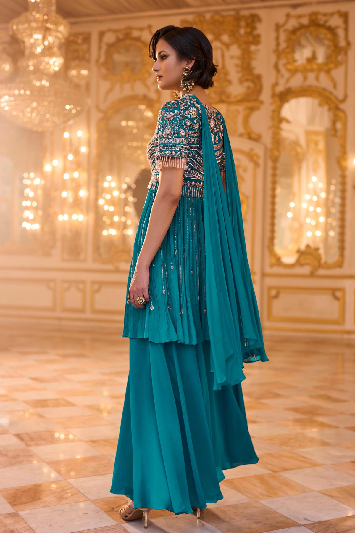 Cyan Peacock Blue Embellished Chinon Silk Palazzo Set