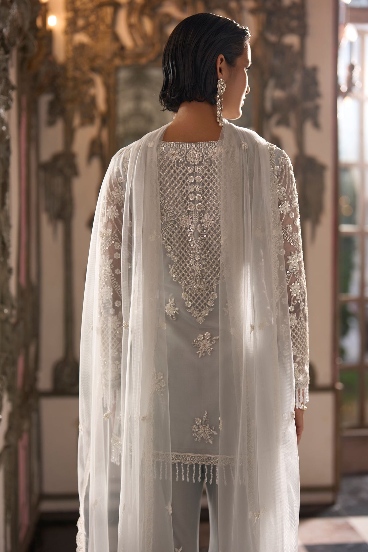 Ice Silver Embellished Premium Net Palazzo Set