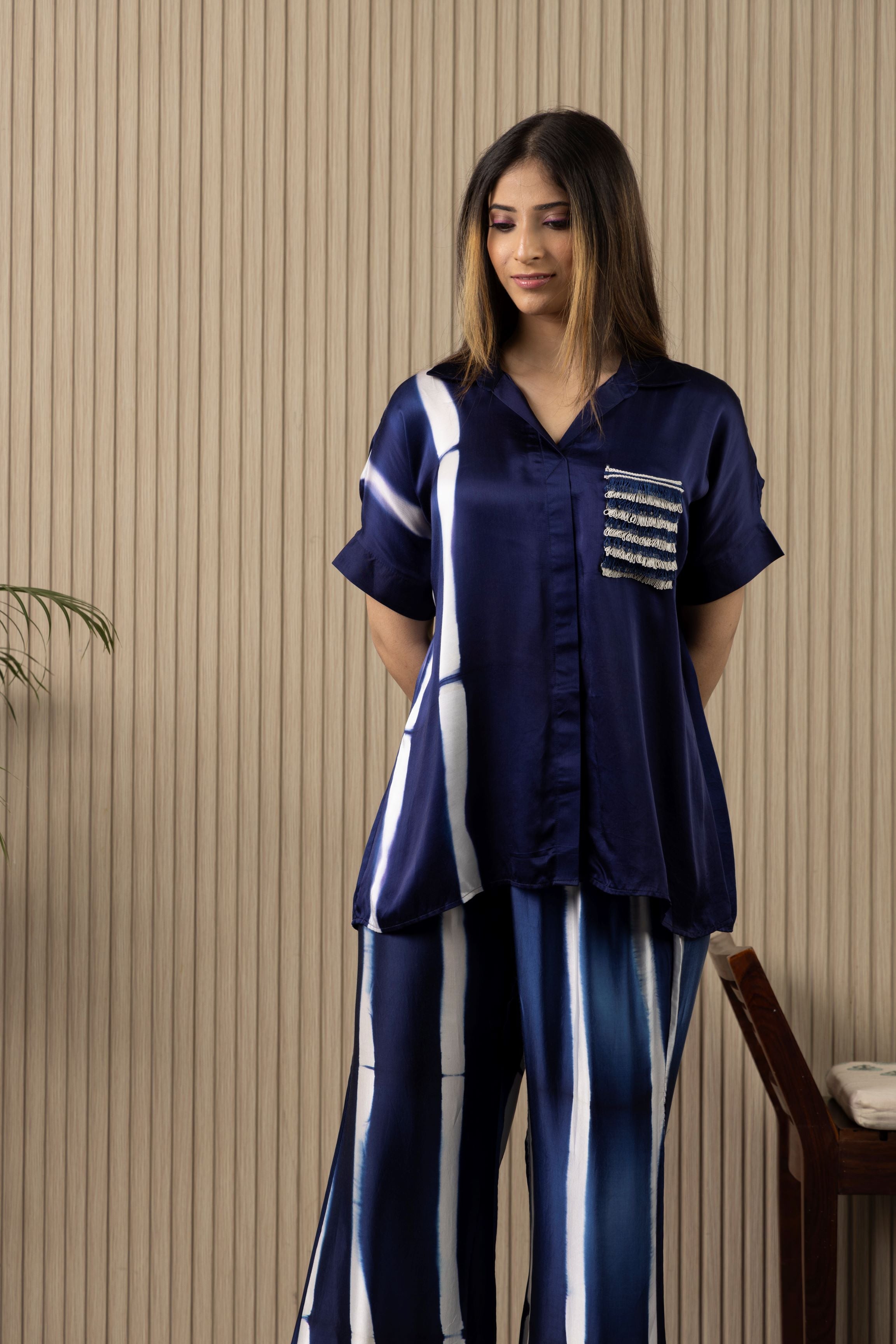 Indigo Stripes Printed Pure Satin Silk Co-Ord Set