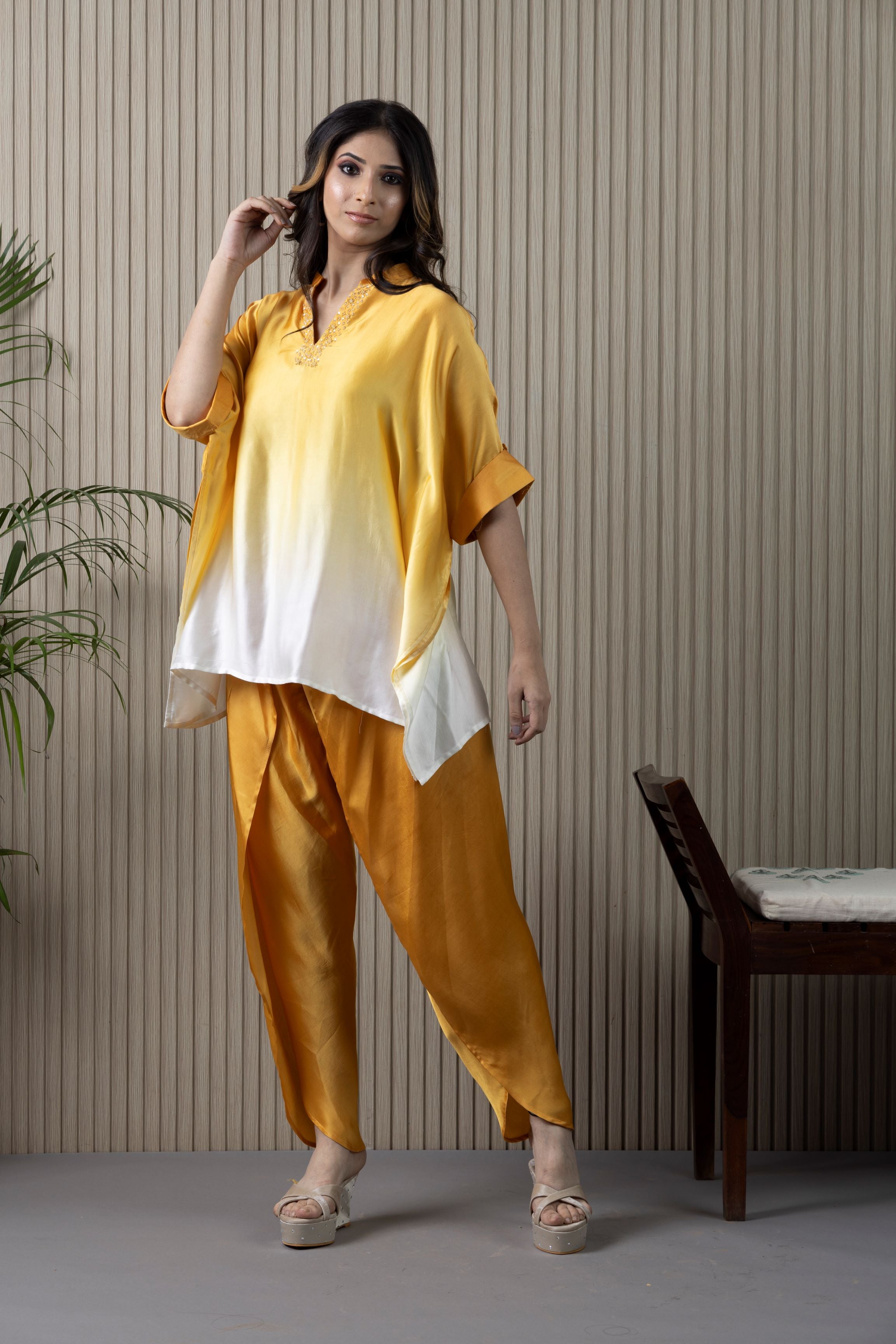 Yellow Ombre-Dyed Pure Satin Silk Co-Ord Set