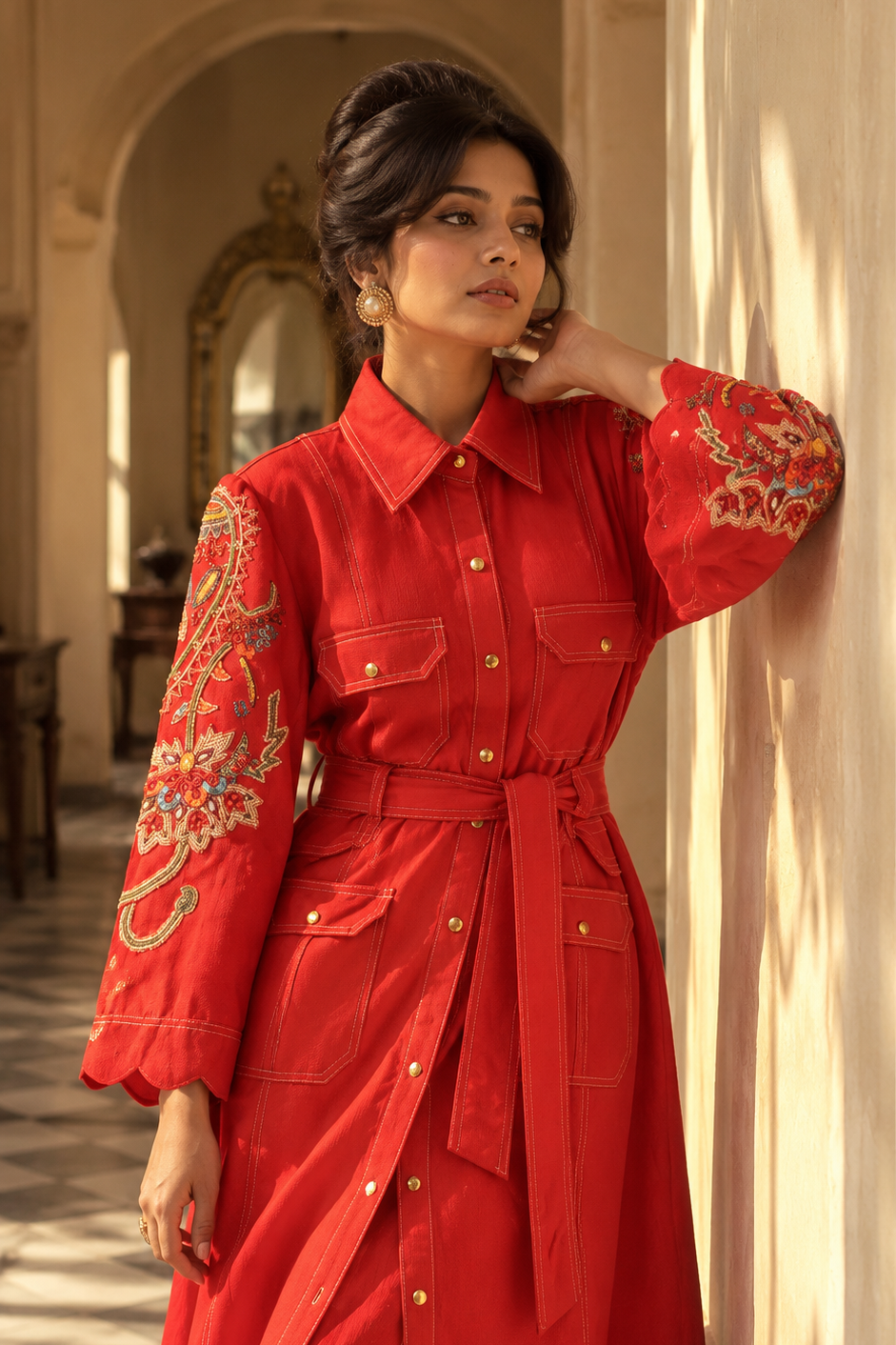 Crimson Red Embroidered Soft Denim Dress