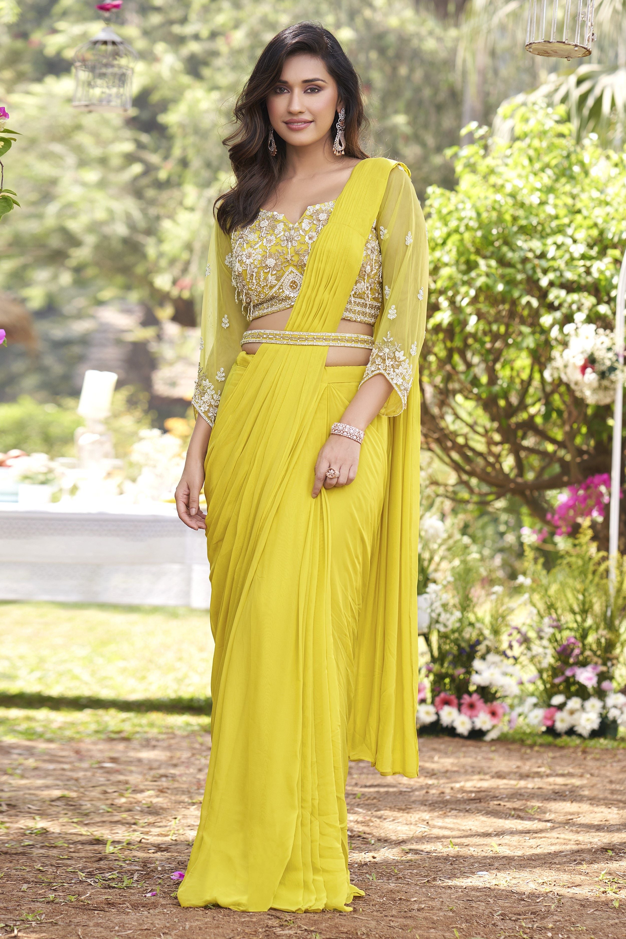 Lemon Yellow Pre-Draped Saree