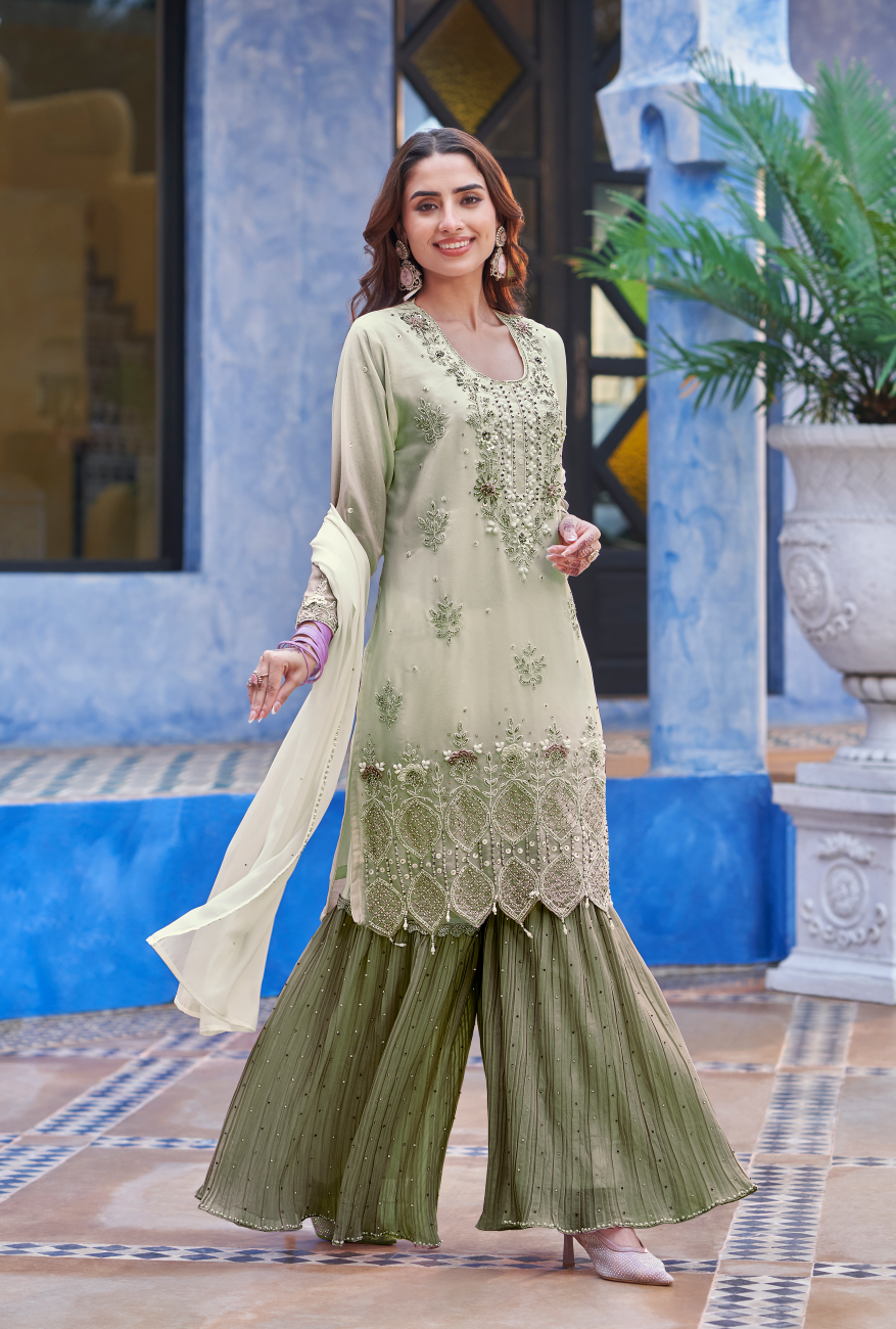 Light Sage Embellished Shimmer Tissue Sharara Set