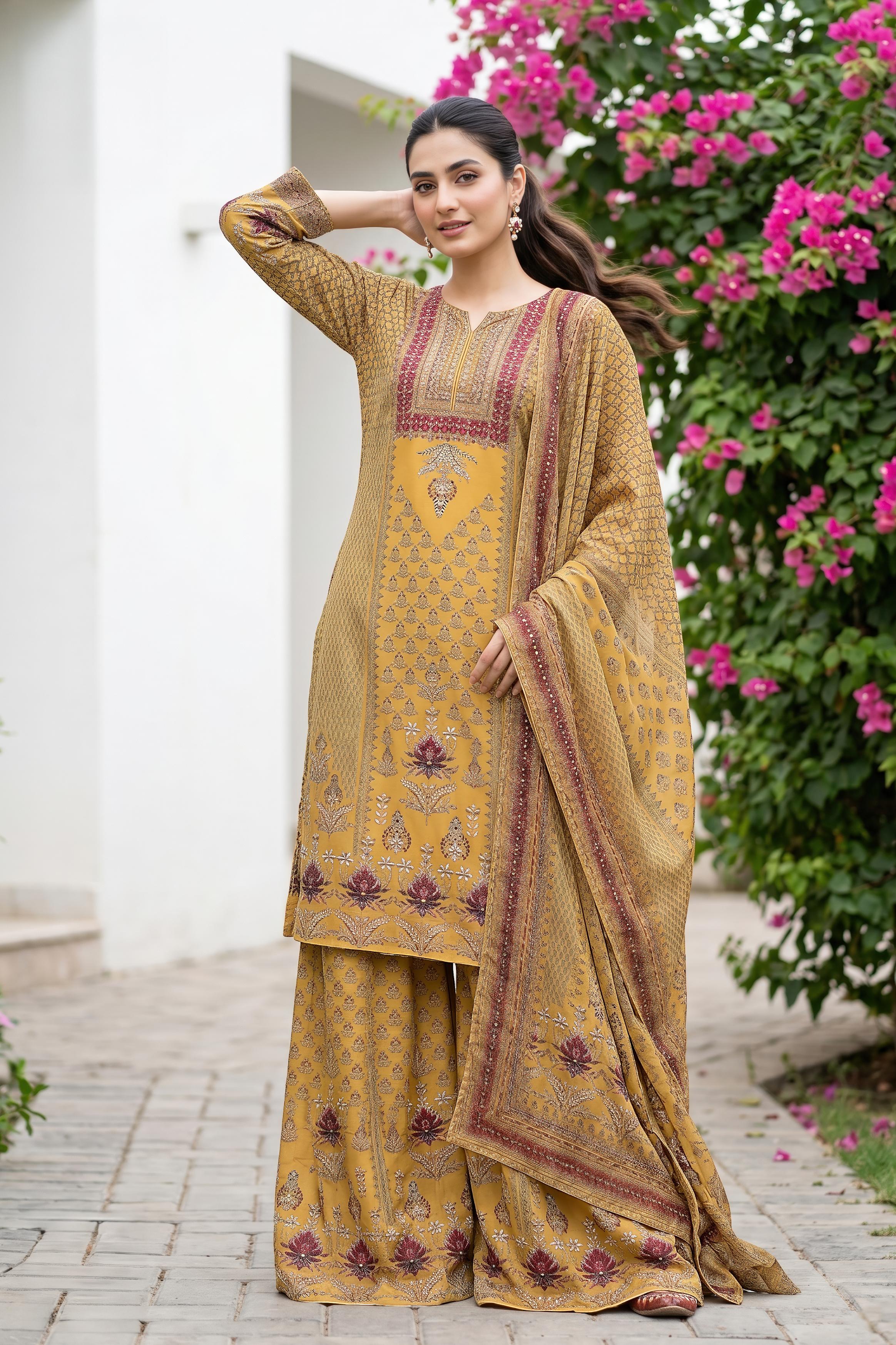 Mustard Yellow Embellished Crepe Silk Sharara Set