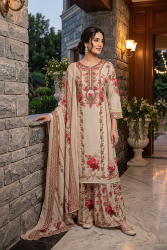 Oatmeal Red Embellished Crepe Silk Sharara Set