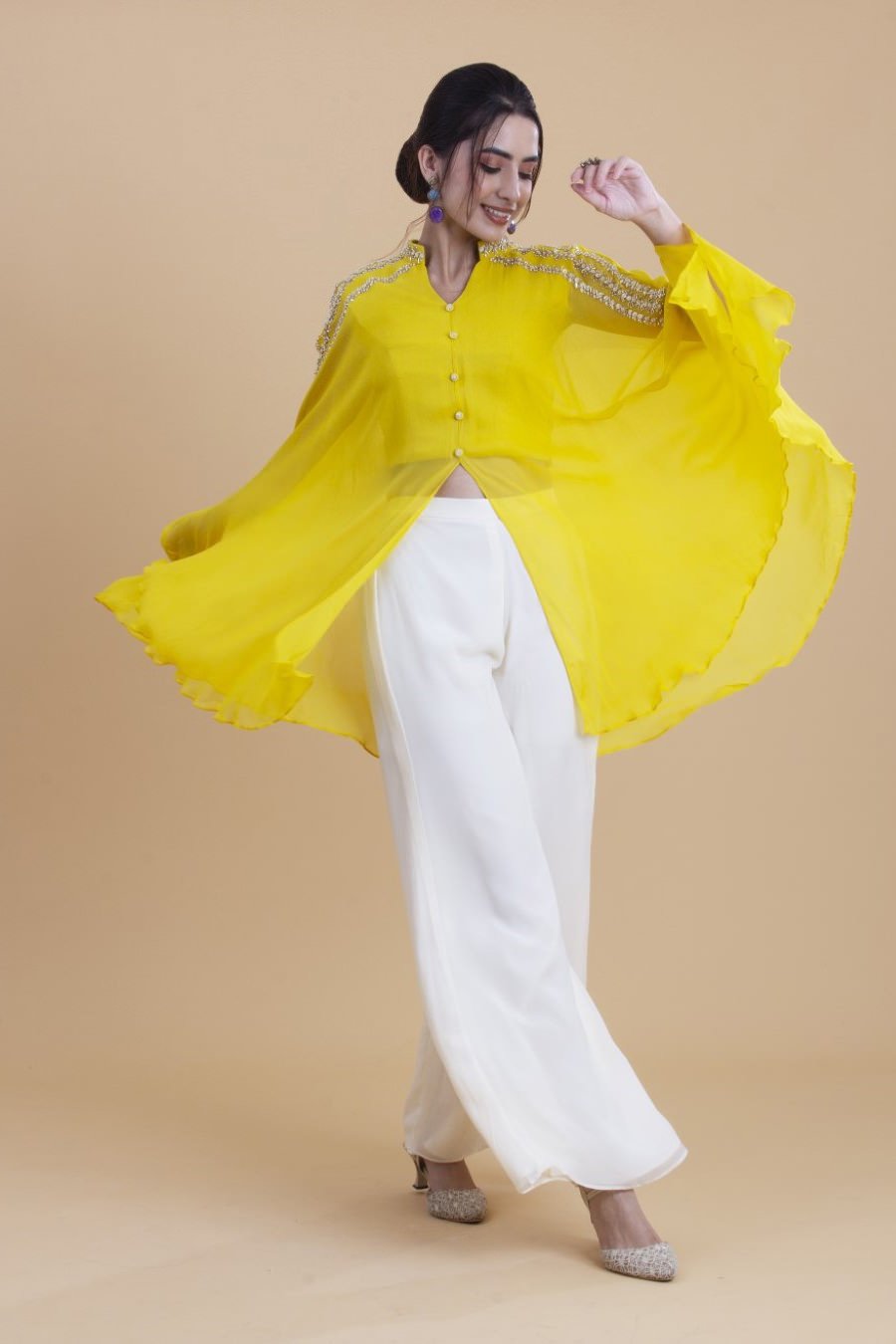 Lemon Yellow Georgette Cape Style Top And Palazzo Set