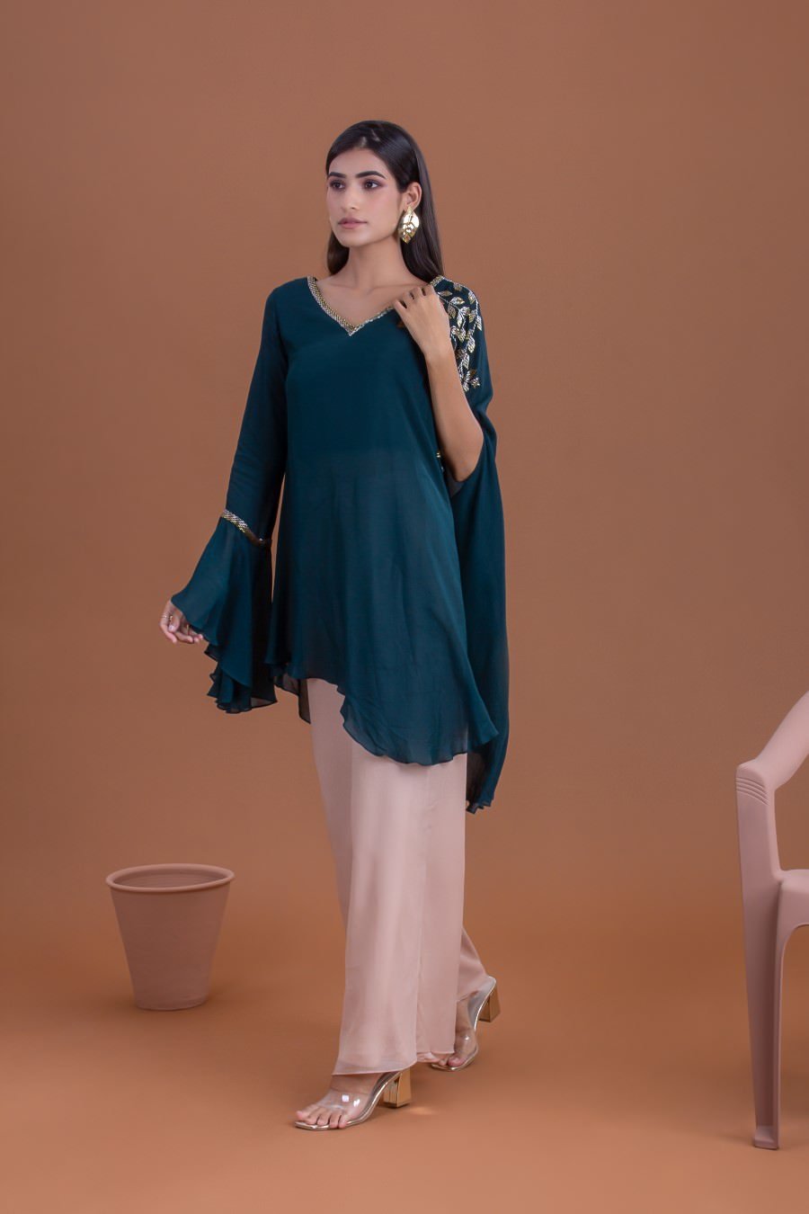 Teal Georgette Embellished Flared Top With Palazzo Set