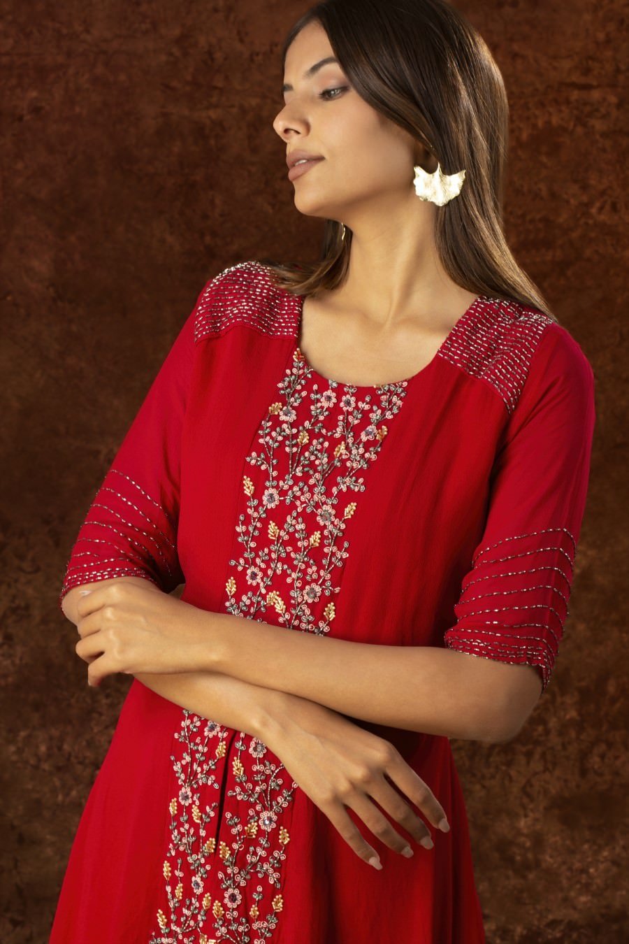 Deep Red georgette silk Asymmetrical Tule Gown