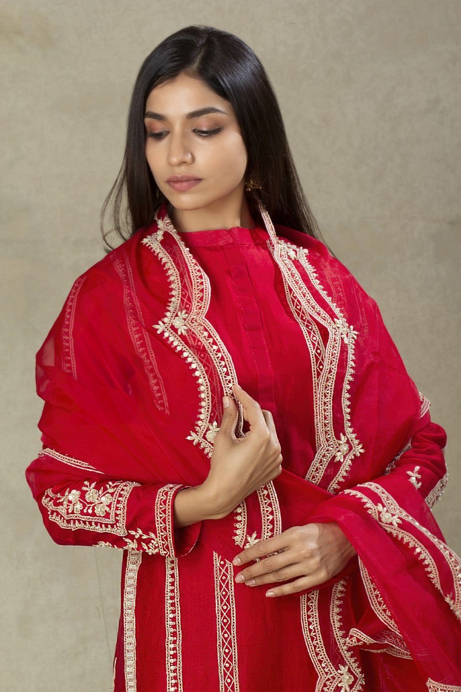 Scarlet Red Modal Silk Kurta Pant Set With Dupatta