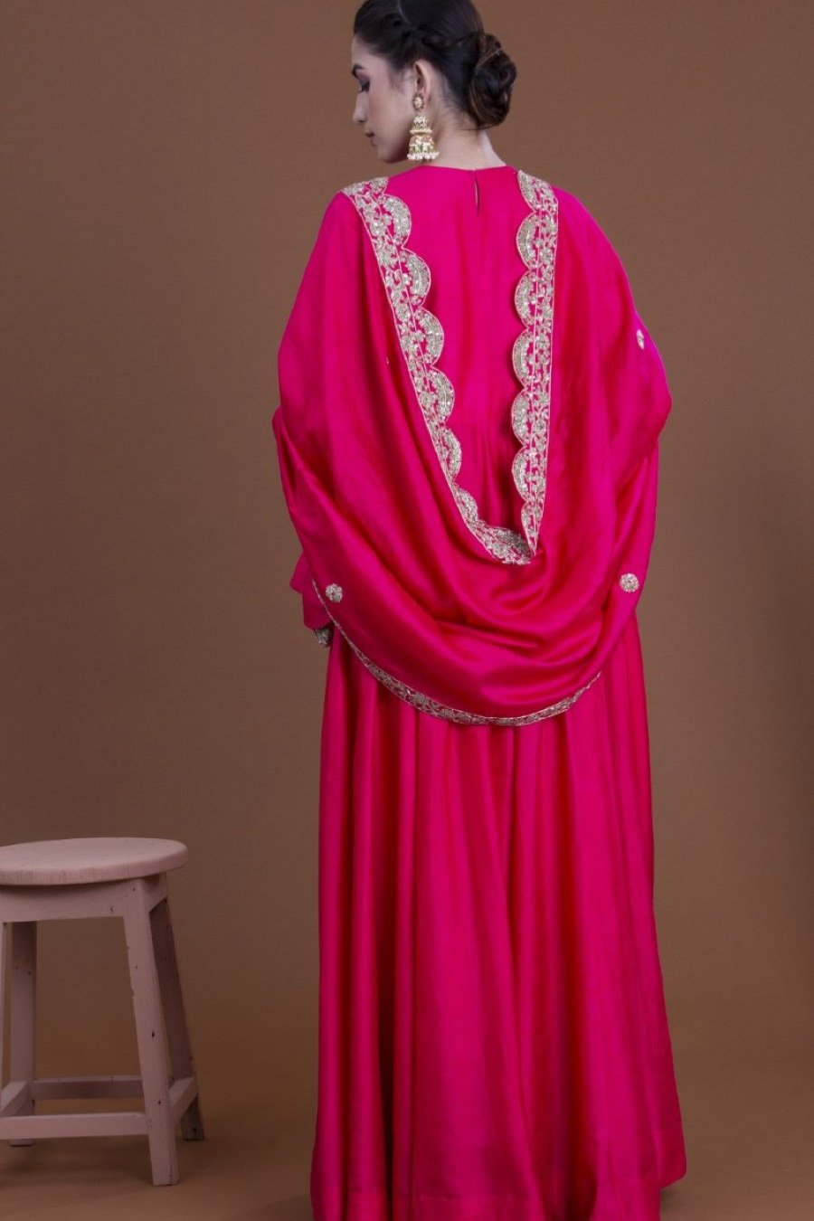 Rani Pink Crepe Silk Long Dress And Dupatta Set