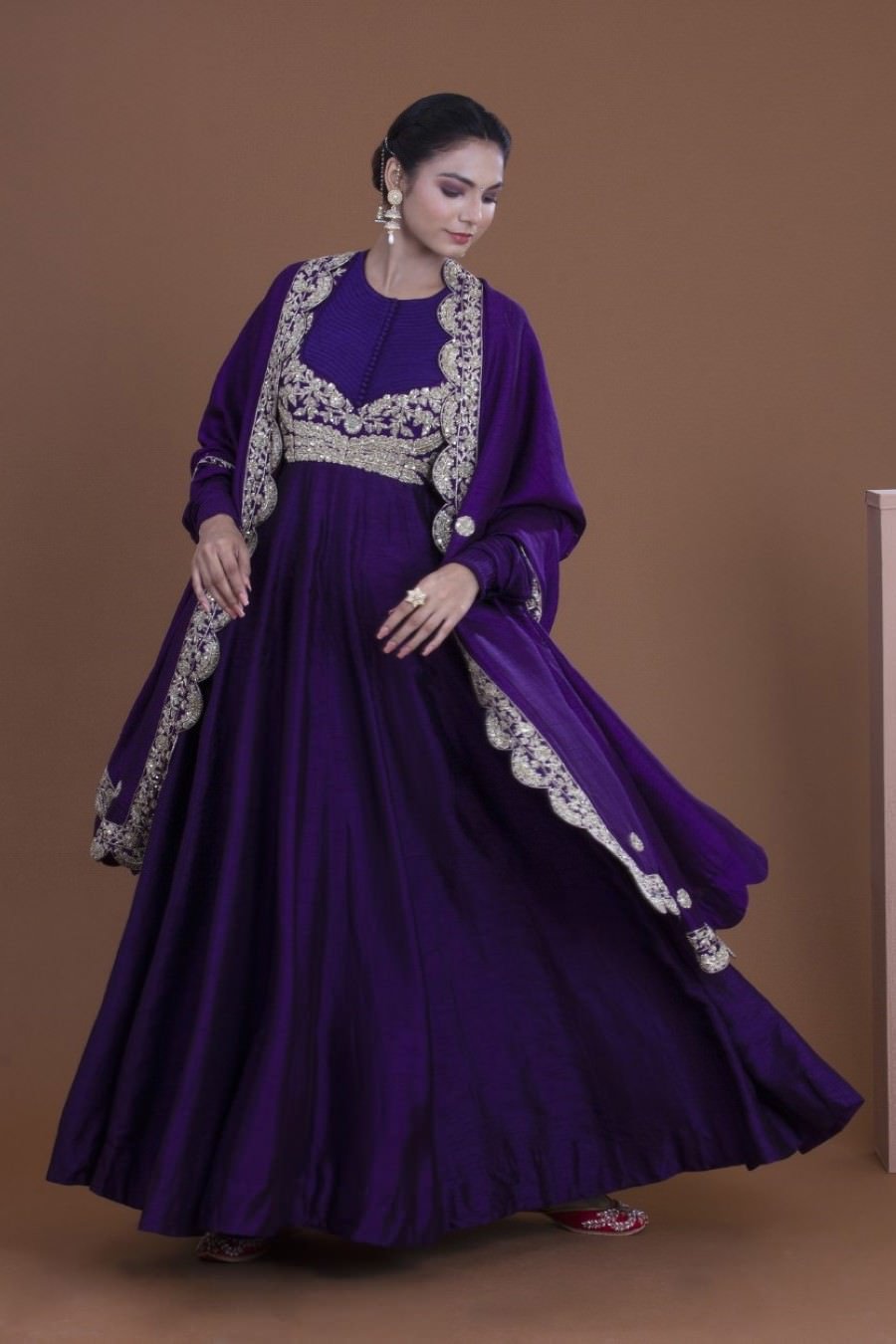 Purple Crepe Silk Long Dress And Dupatta Set