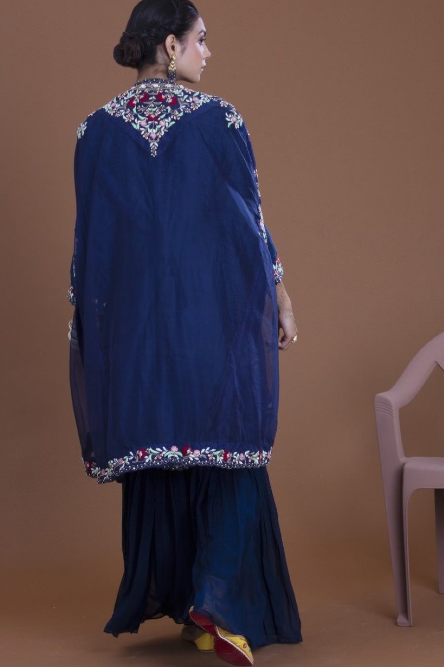 Navy Blue Kurta, Sharara And Cape Set