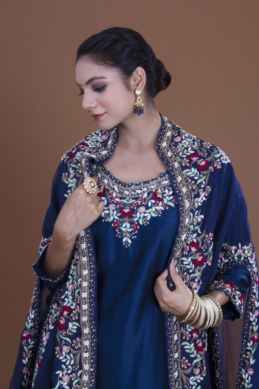 Navy Blue Kurta, Sharara And Cape Set