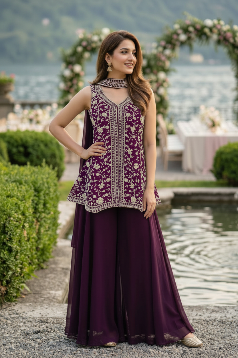 Deep Aubergine Embellished Georgette Silk Palazzo Set