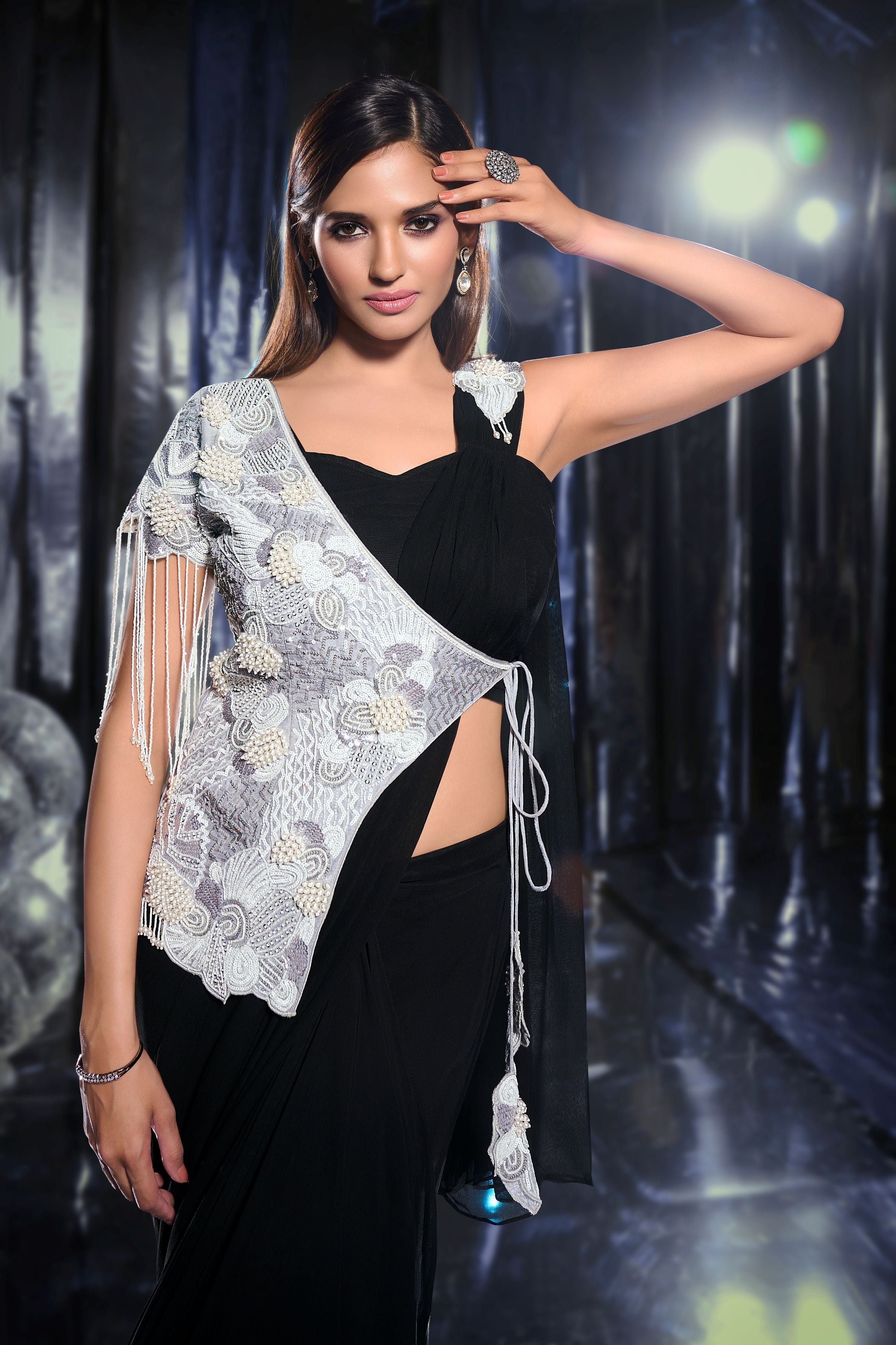 Black Draped Saree with Embellished Cape