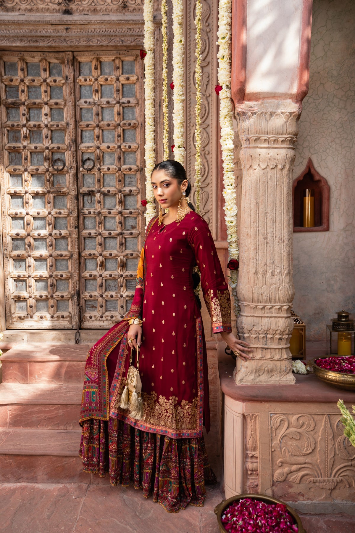 Maroon Embellished Brocade Silk Anarkali Set