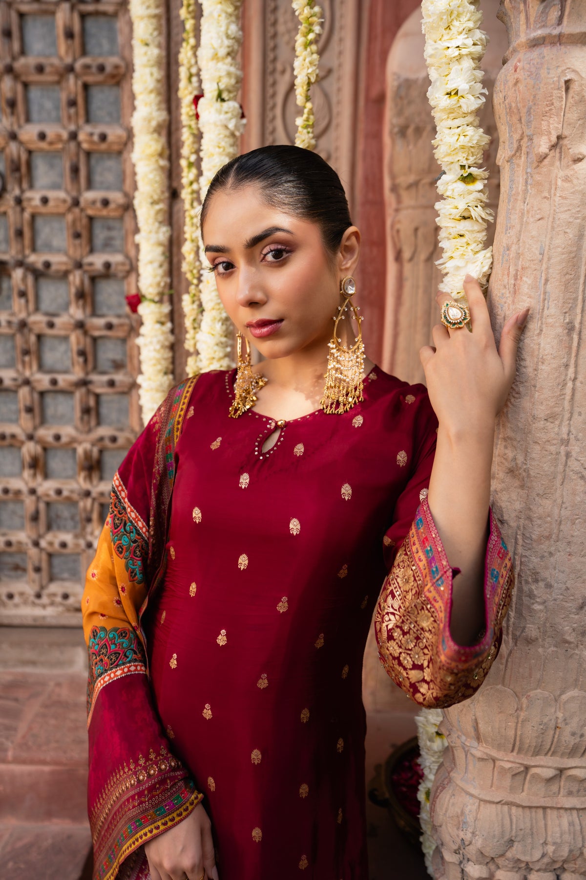 Maroon Embellished Brocade Silk Anarkali Set