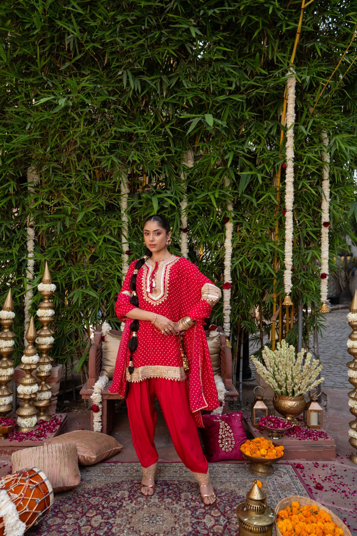 Crimson Red Embellished Crepe Silk Farshi Salwar Set