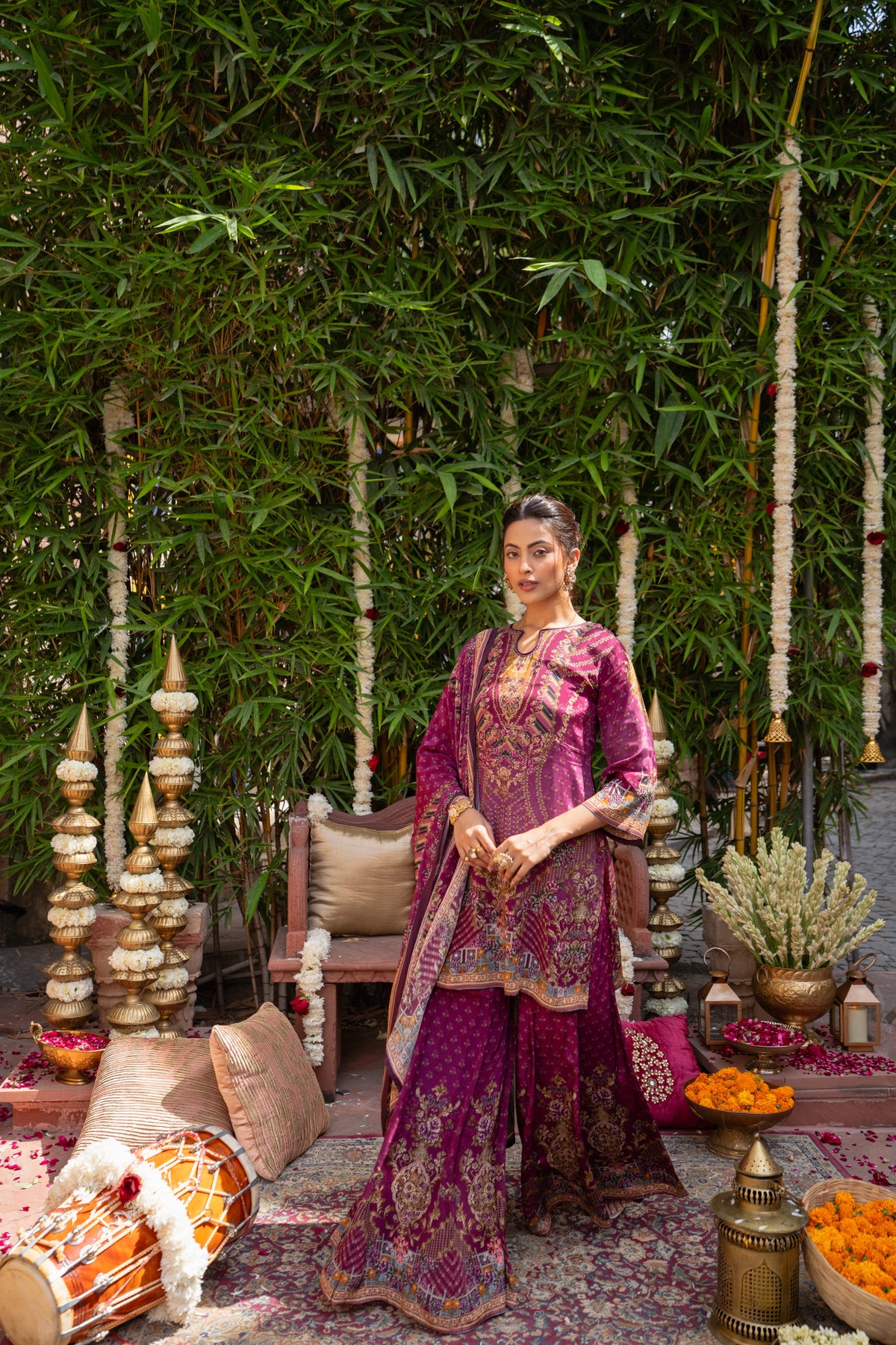 Rich Wine Purple Embellished Crepe Silk Sharara Set