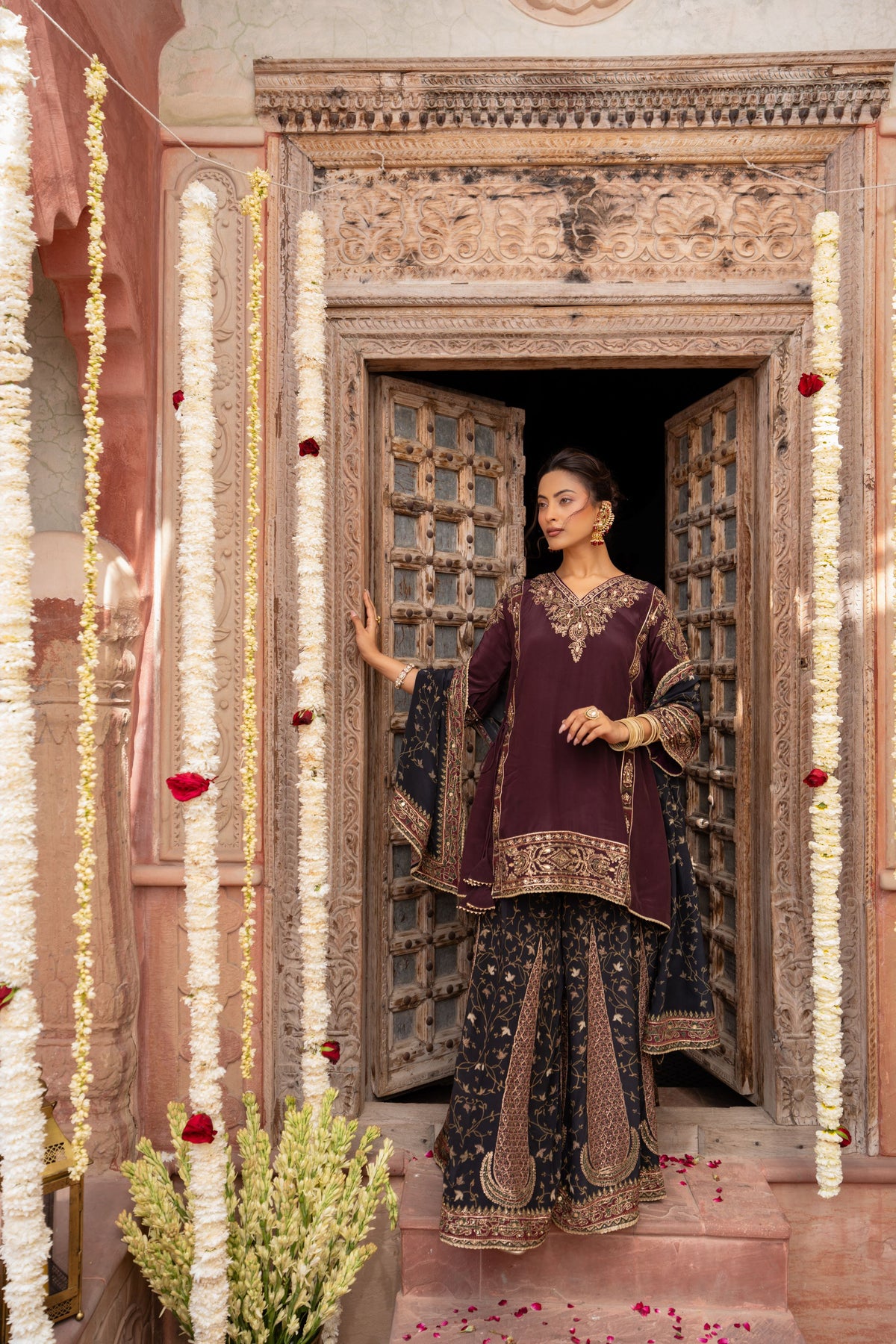 Deep Wine Embellished Crepe Silk Palazzo  Set