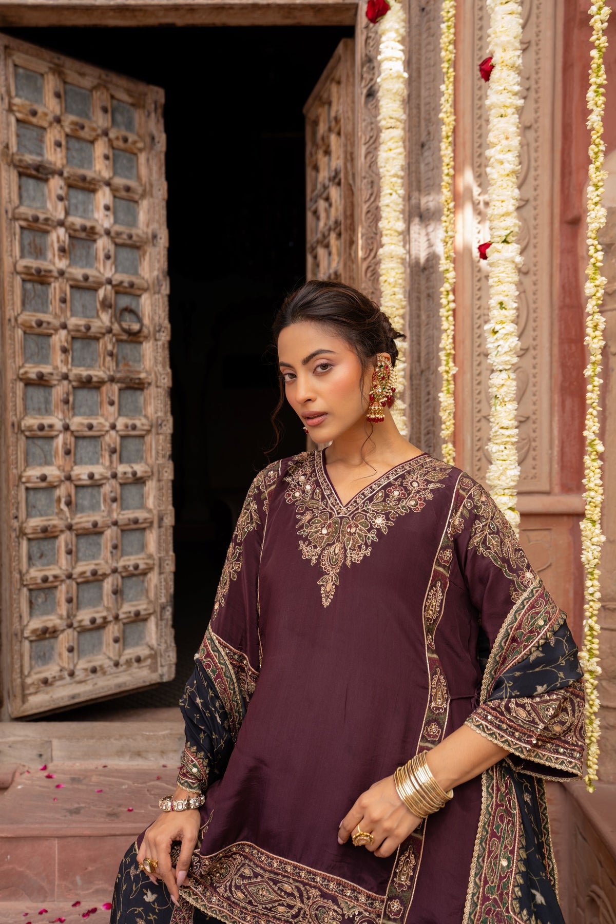 Deep Wine Embellished Crepe Silk Palazzo  Set