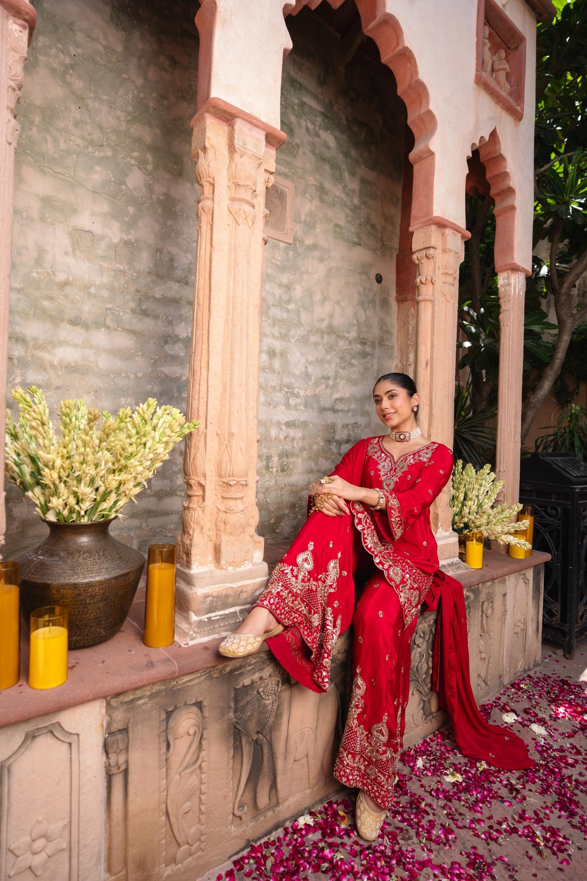 Festive Red Embellished Crepe Silk Palazzo Set