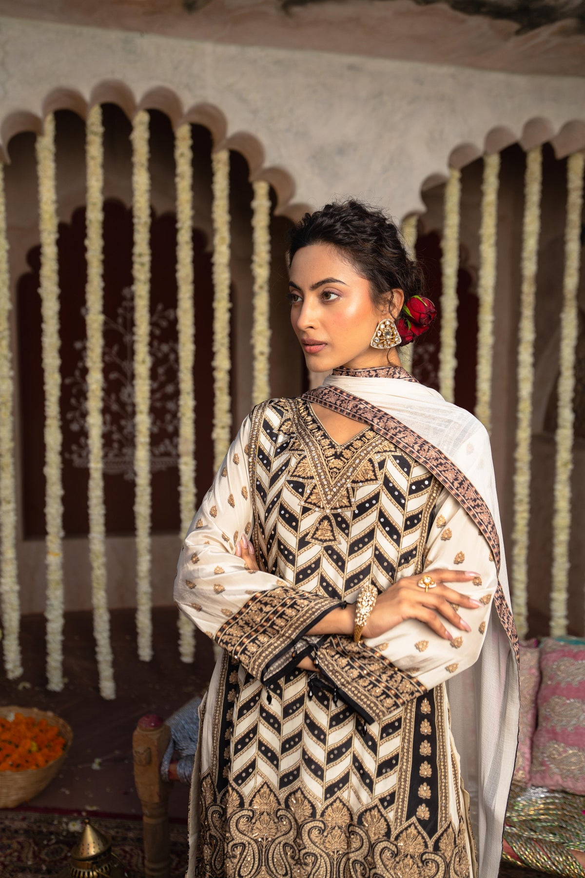 Off Cream Embellished Crepe Silk Farshi Salwar Set