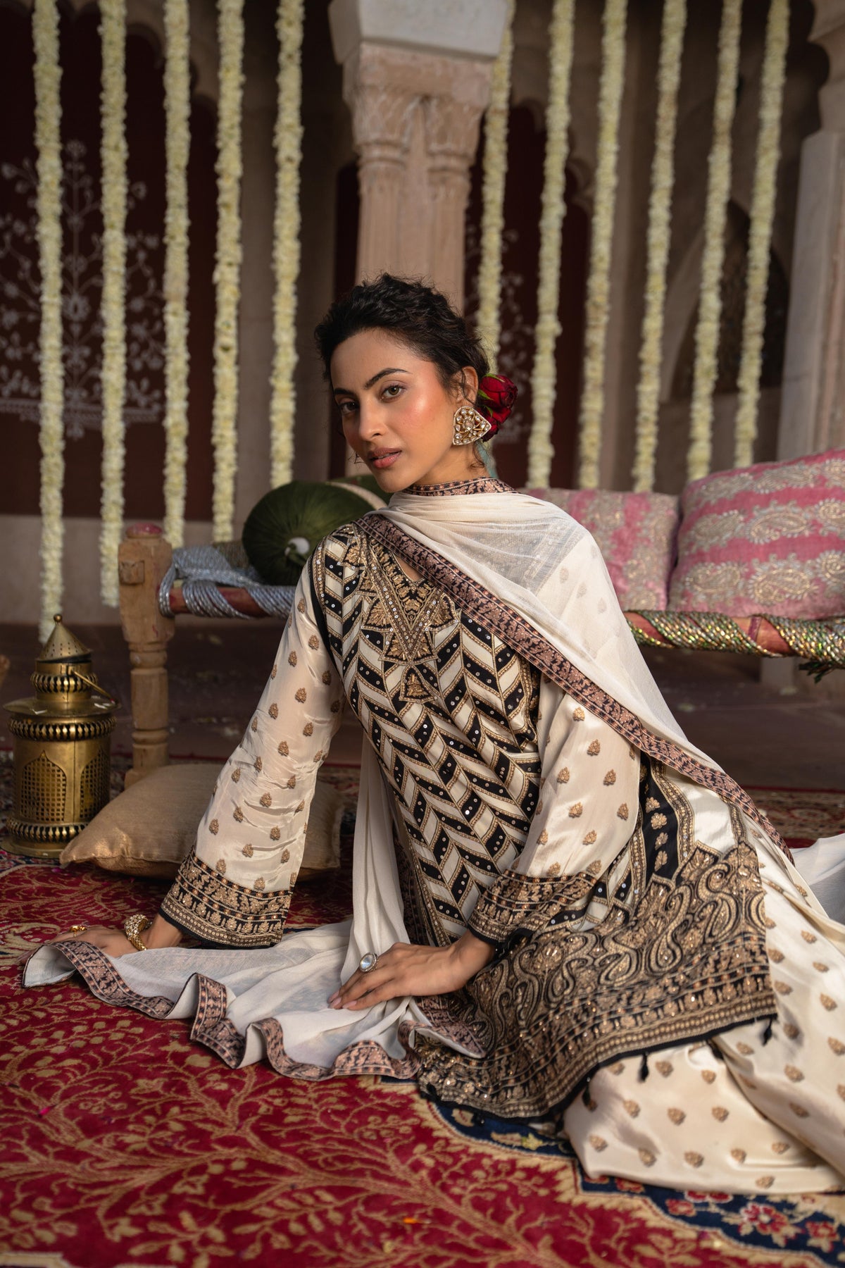 Off Cream Embellished Crepe Silk Farshi Salwar Set