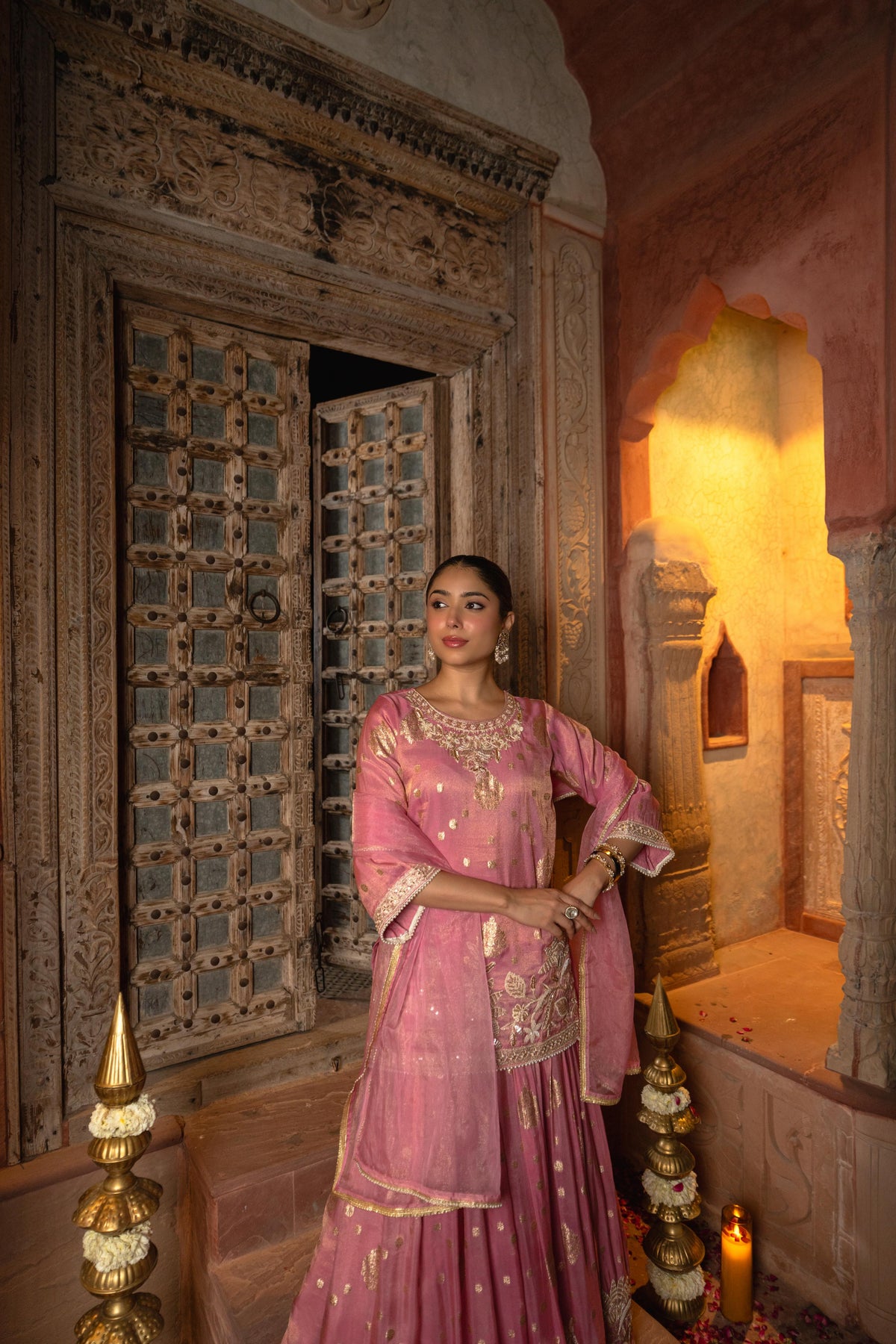 Baby Pink Embellished Shimmer Silk Skirt Set