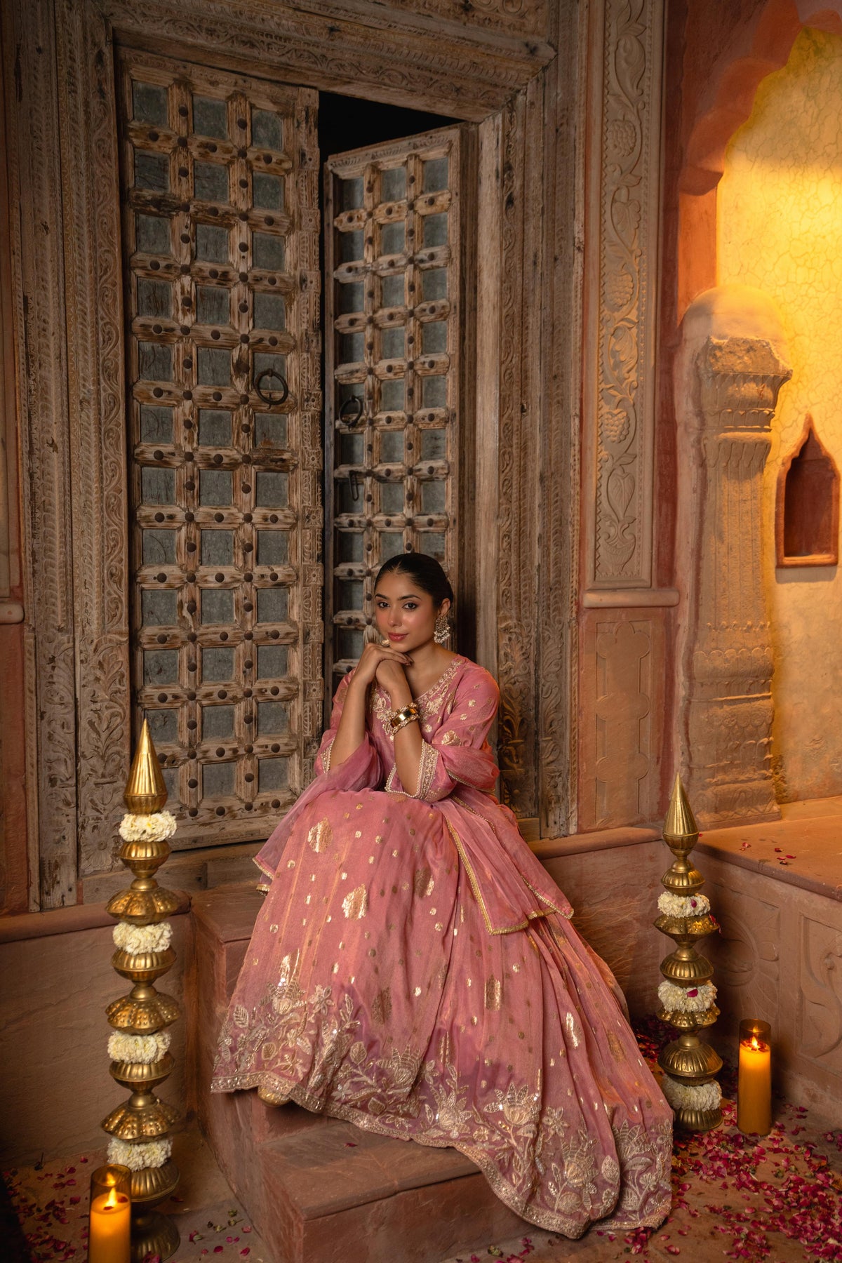 Baby Pink Embellished Shimmer Silk Skirt Set