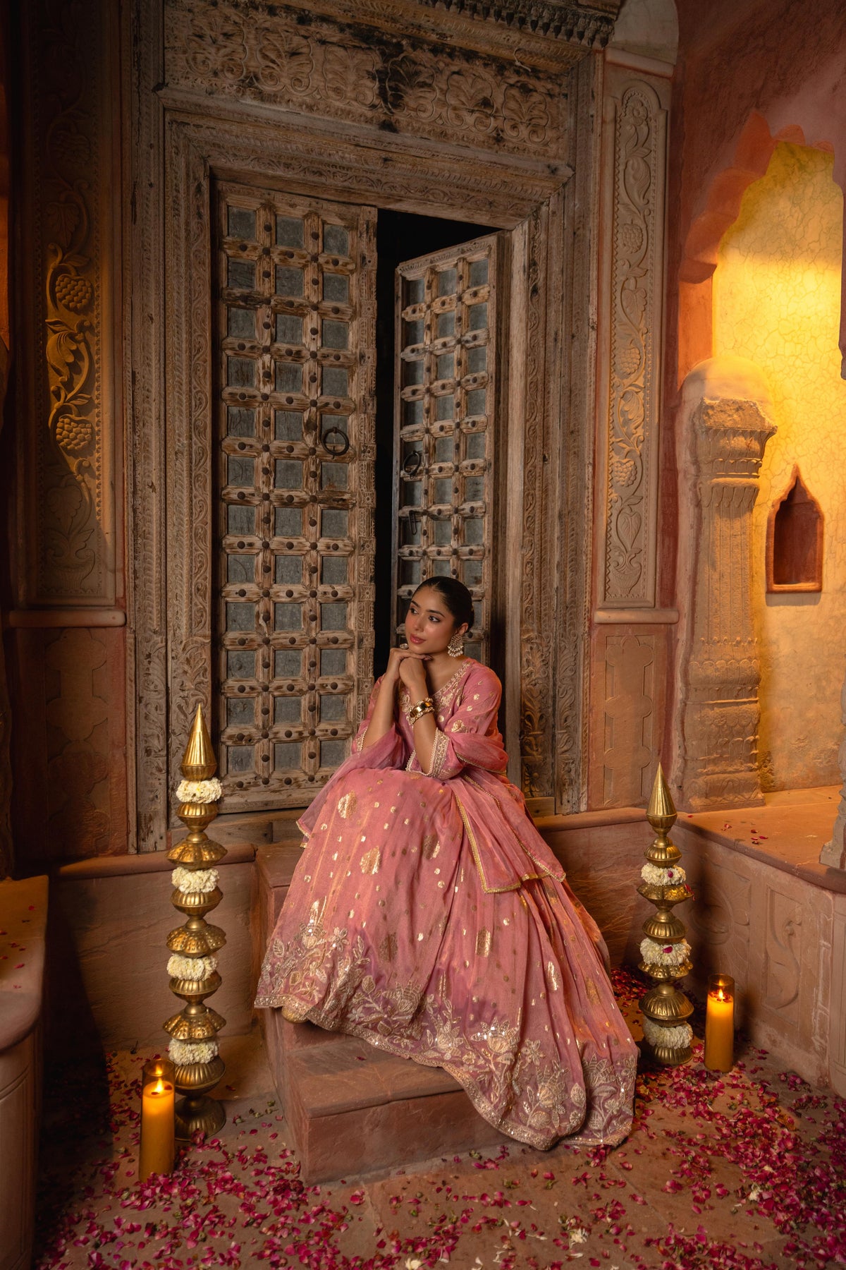 Baby Pink Embellished Shimmer Silk Skirt Set