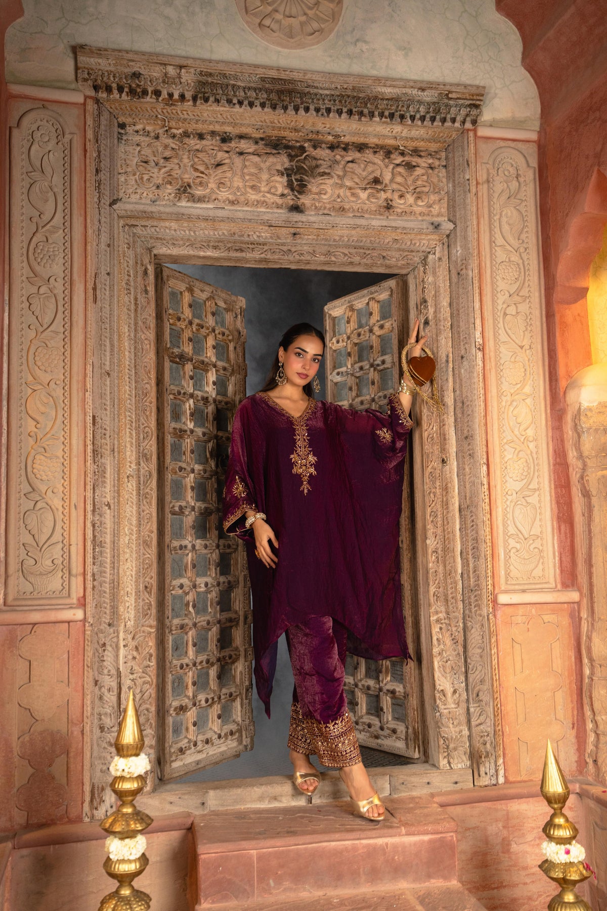 Deep Aubergine Embellished Roman Silk Kaftan Set